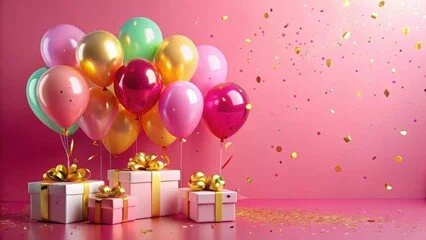 Colorful balloons and wrapped presents with bows on a pink background with confetti.