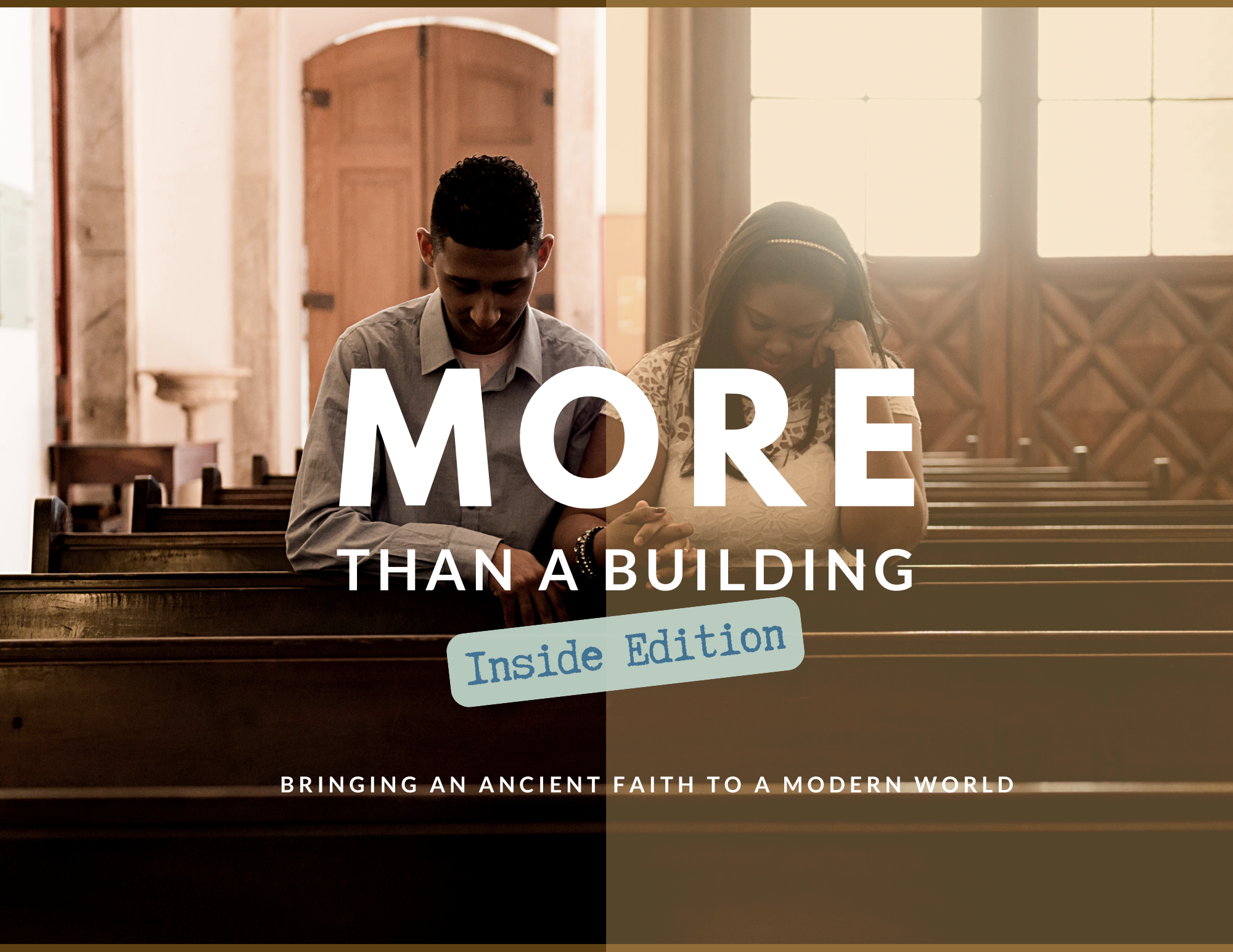 Sample Portfolio Graphic: Close-up of large, ancient clay pots, divided into black and white halves, with overlaid text reading 'More Than a Building' and a subtitle 'Bringing an ancient faith to a modern world' from STSA Campaign.