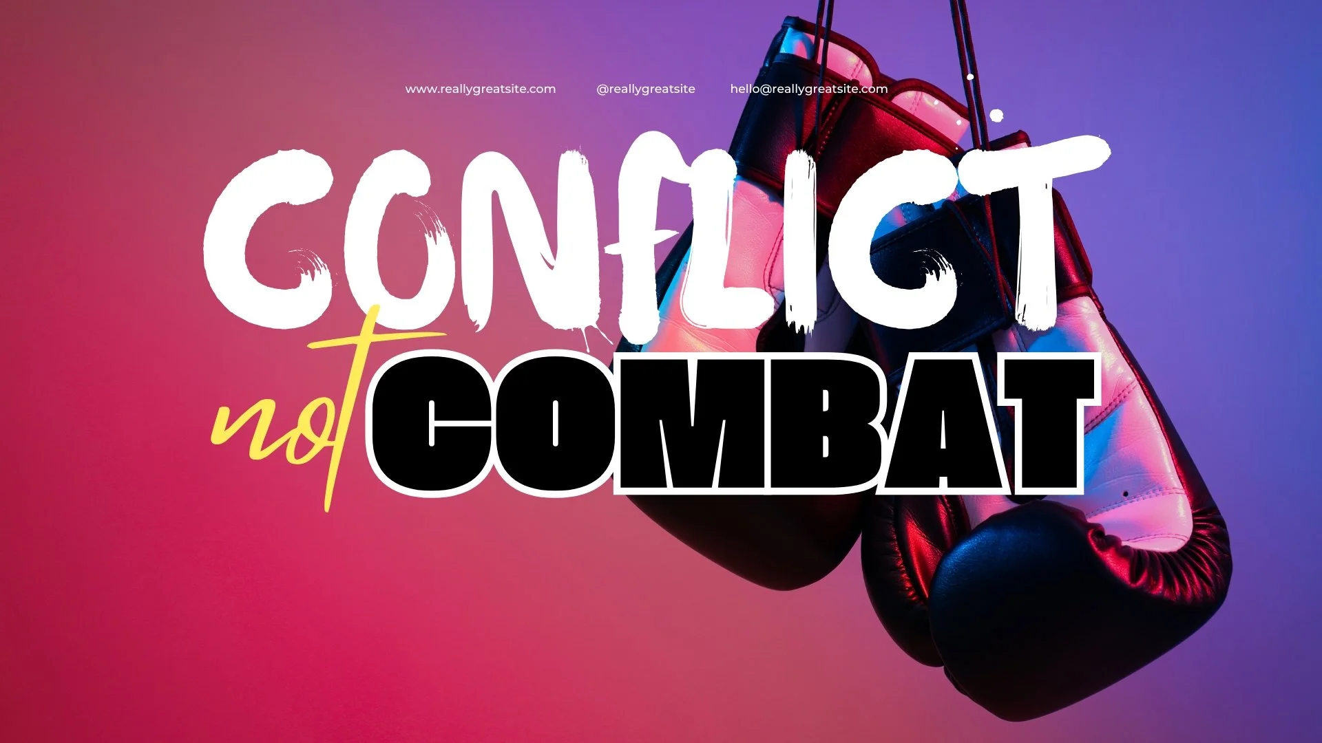 Sample Portfolio Graphic: Boxing gloves hanging against a pink and purple gradient background with the words "Conflict not Combat" overlaid in bold, colorful text.