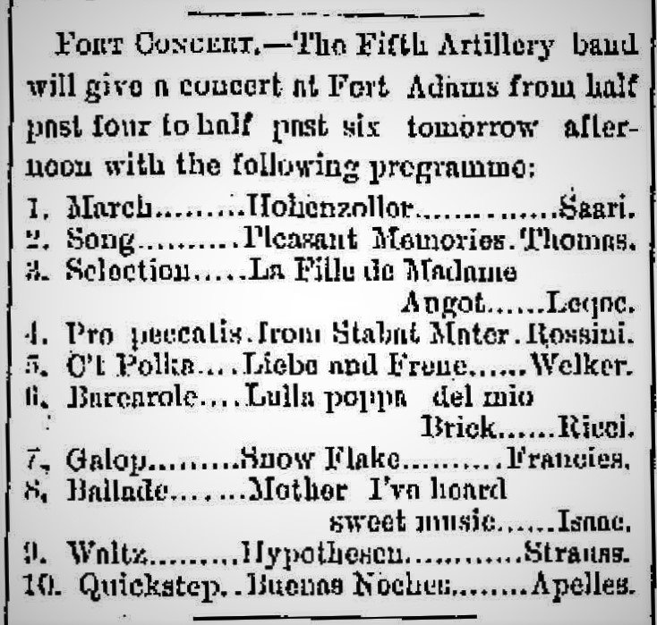 The 5th Artillery Band concert program from the Aug. 6, 1874 Newport Daily News