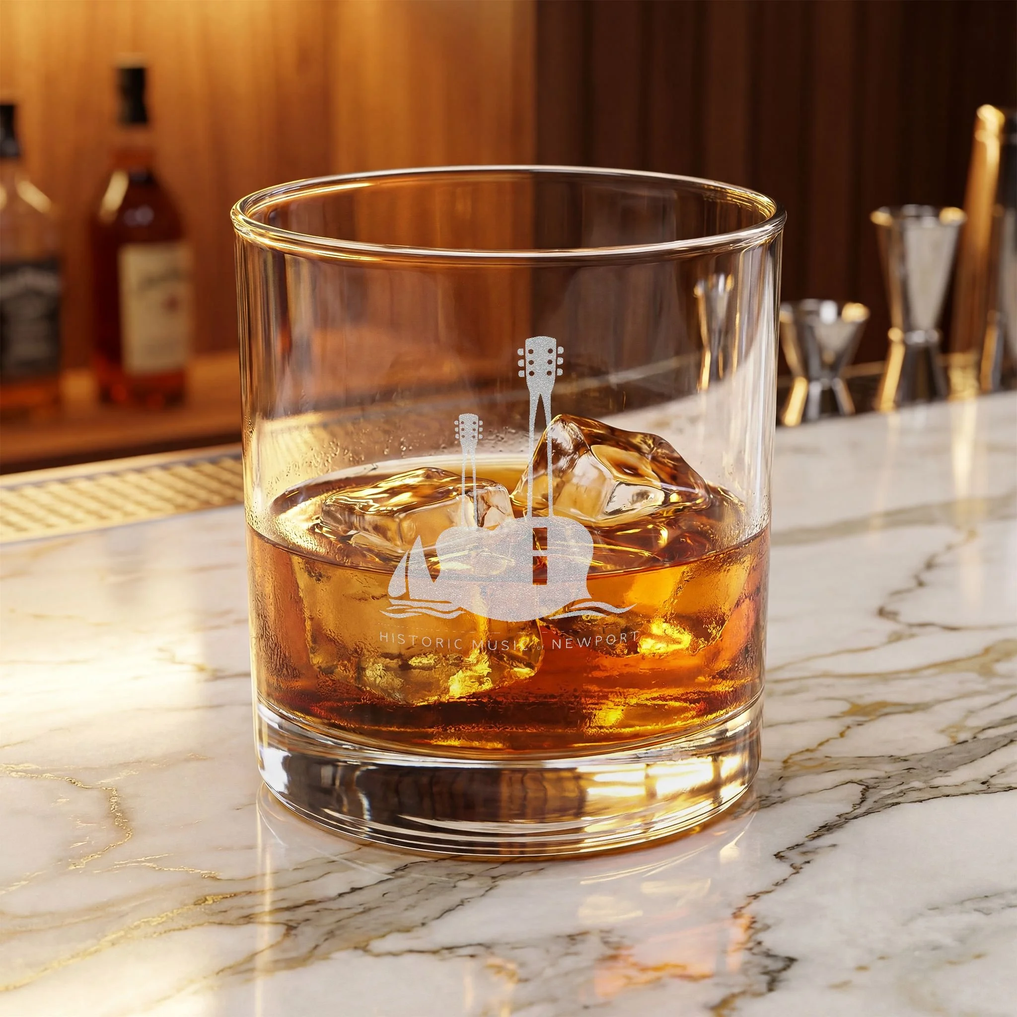 Newport Acoustic Guitar & Sailboat — Engraved Whiskey Glass 10.5oz