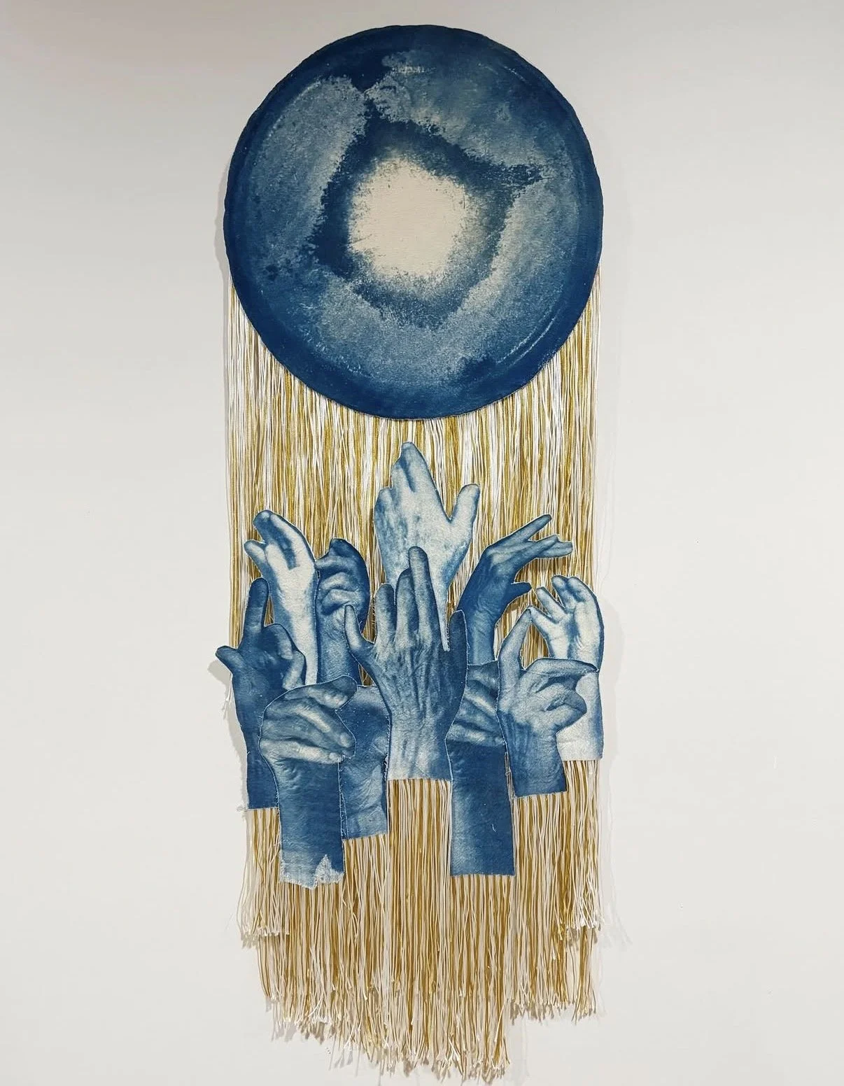 'Into the Clear Blue,' Cyanotype on canvas and string, 2026.