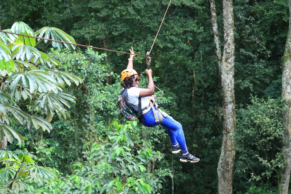 A guest zip-lining through a lush green forest