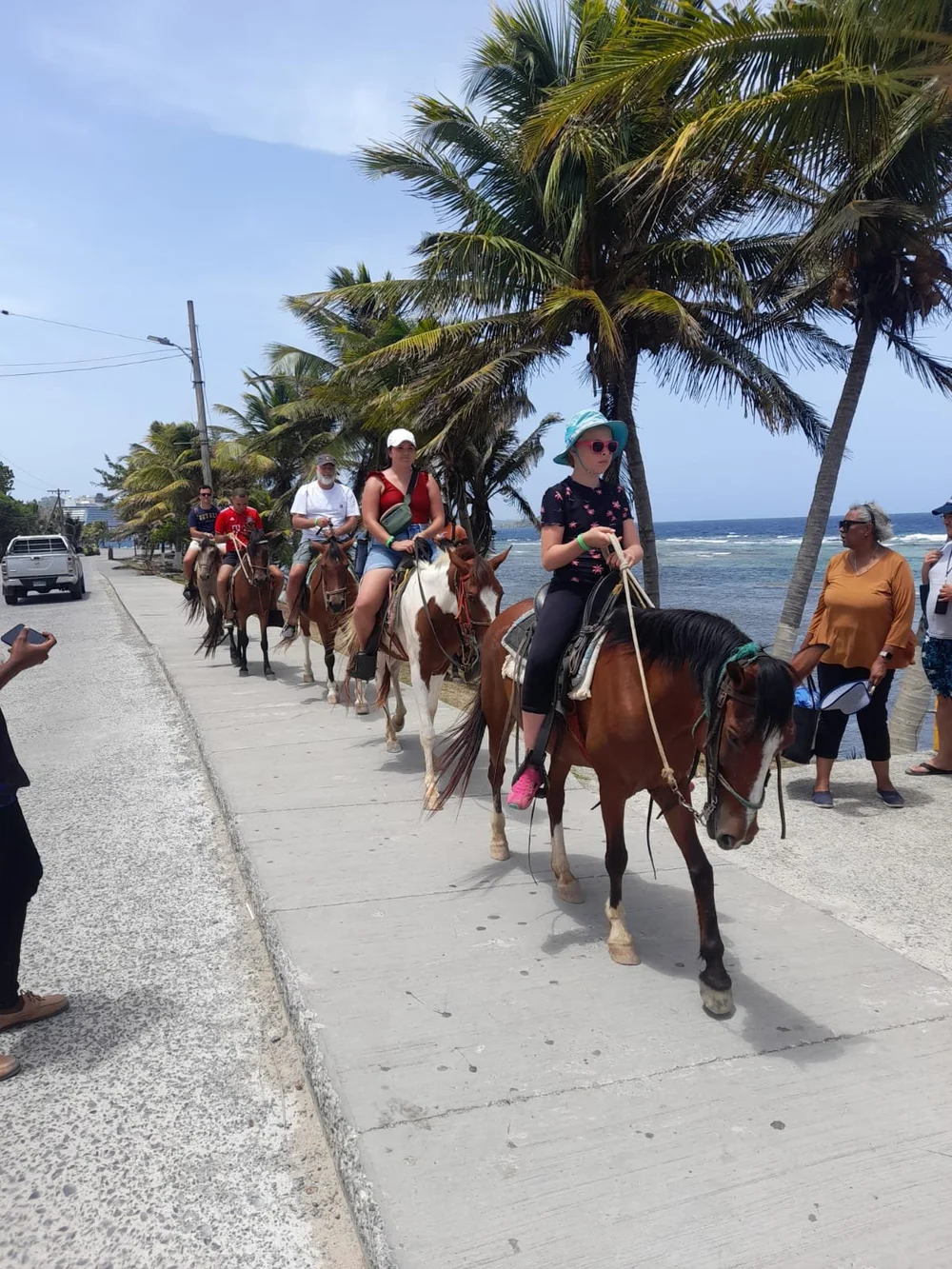 A group riding horses along a beachside path