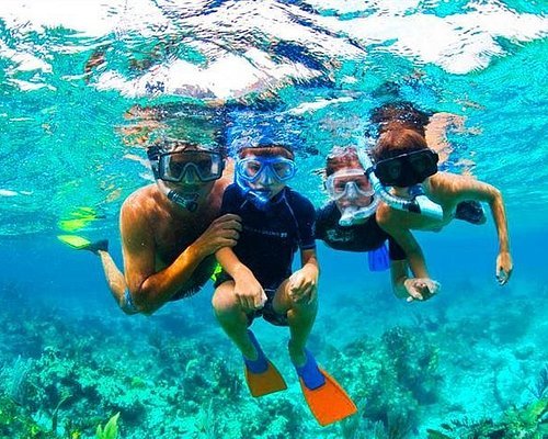 Children snorkeling at the ocean surface above coral