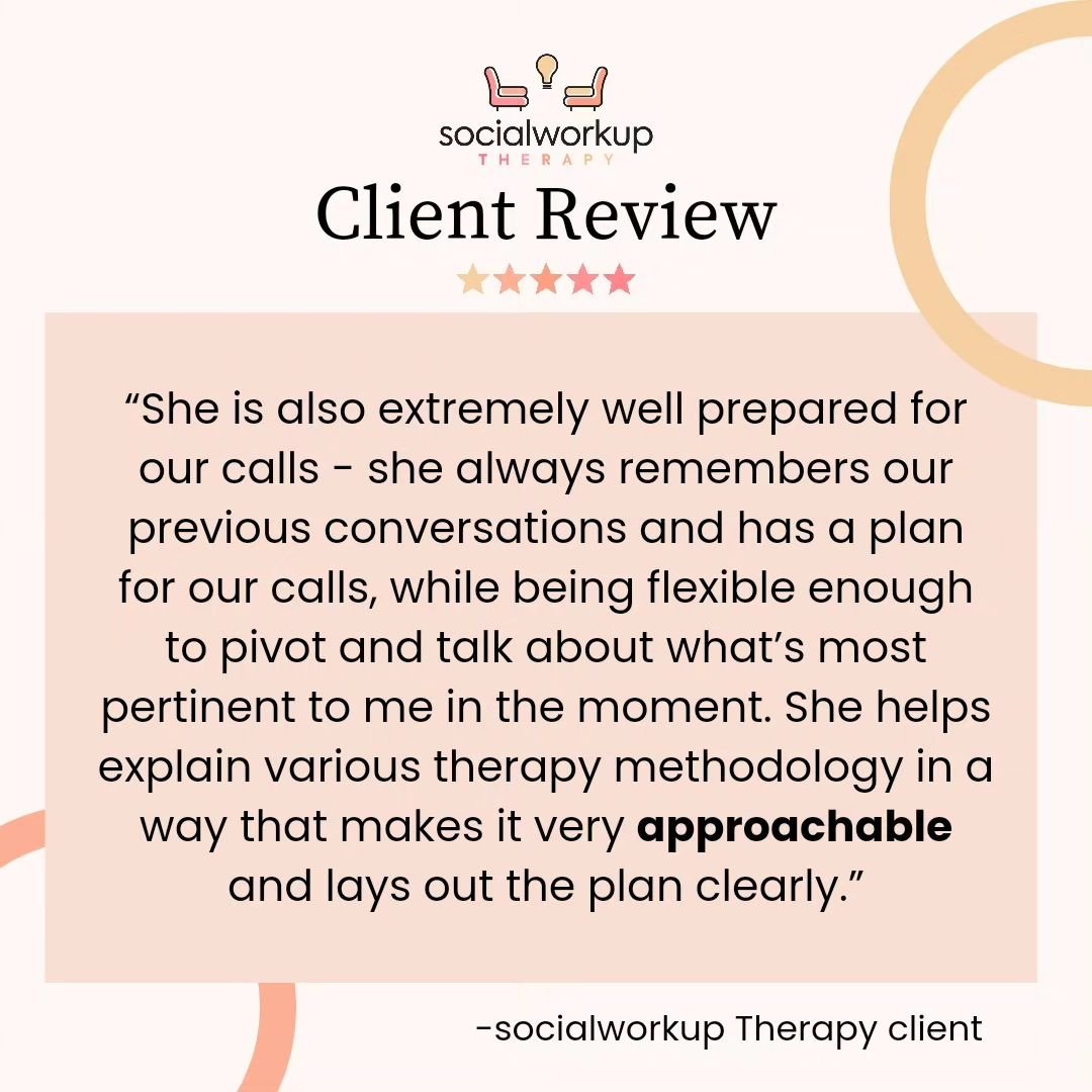 socialworkup therapy's mission is to make mental health care approachable and accessible for individuals and communities. 

🧡💛 It's heartwarming to see clients use these words organically in reviews

Visit socialworkup.com to learn more about thera