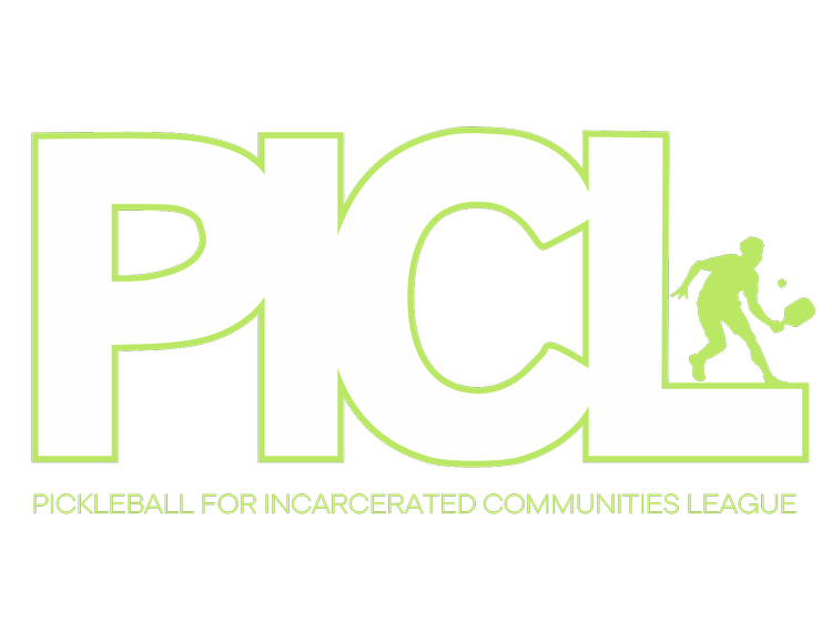 Logo for Pickleball for Incarcerated Communities League (PICL) with bold white letters on black background, a small silhouette of a person playing pickleball, and the league's name at the bottom.