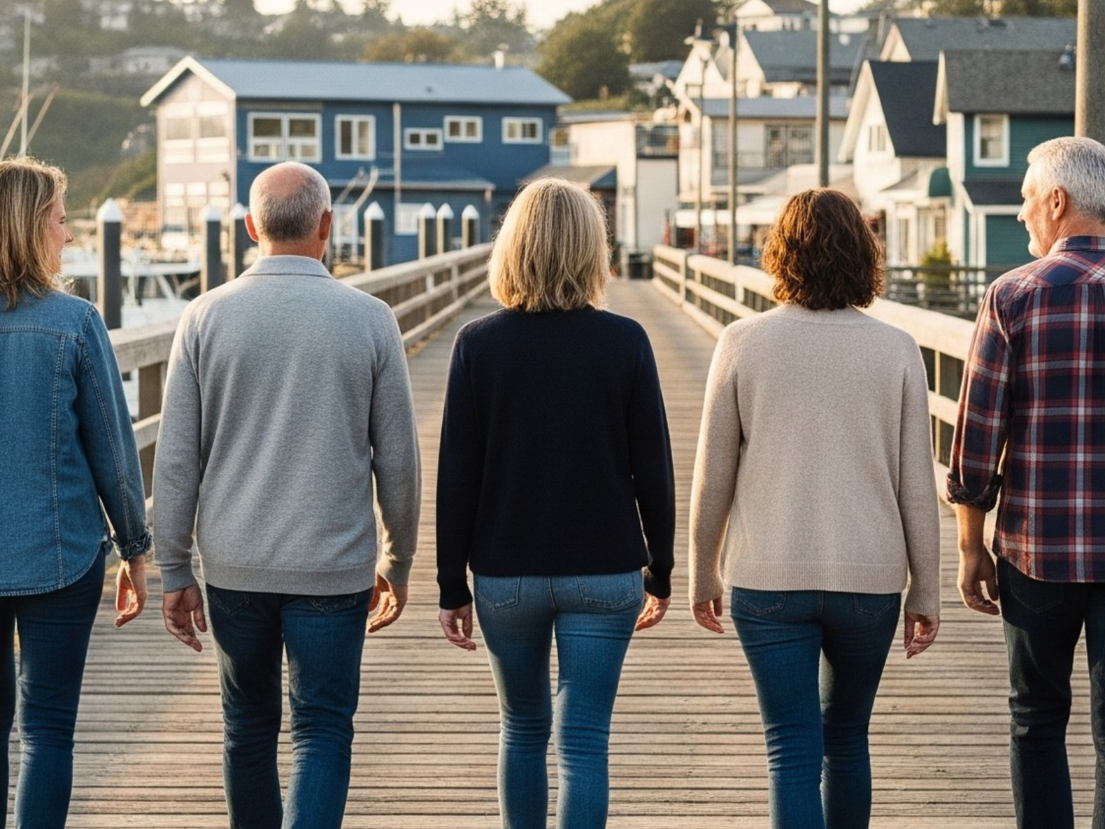 Menschen über 45 auf einem Steg an  einem Hafen