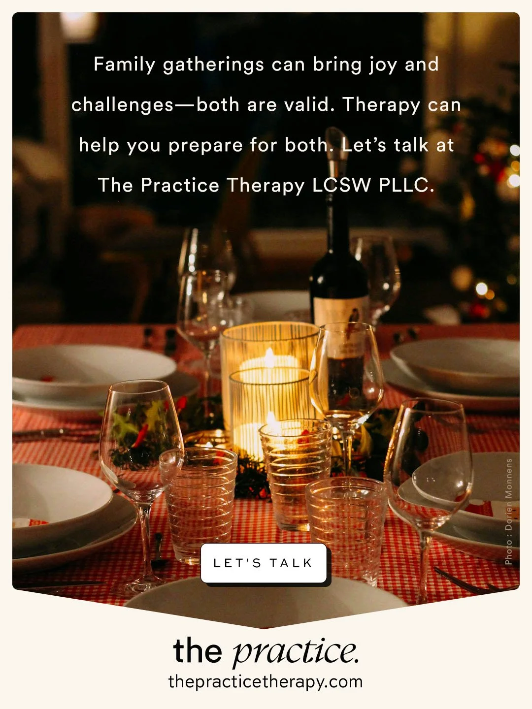 The holidays can stir up a mix of emotions &mdash; joy, tension, nostalgia, and everything in between.

Therapy can help you show up with more calm, boundaries, and compassion (for others and yourself).

Let&rsquo;s talk at The Practice Therapy, supp