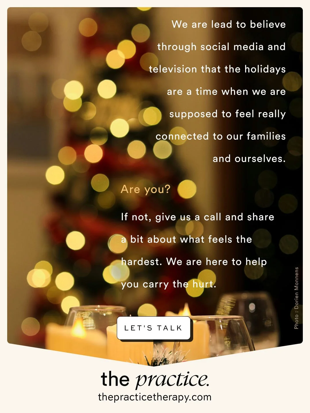 The holidays come with a lot of expectations &mdash; closeness, connection, togetherness.

If your experience feels different, that can be heavy and isolating.

Therapy offers a space to talk honestly about what hurts. 

We&rsquo;re here to support y