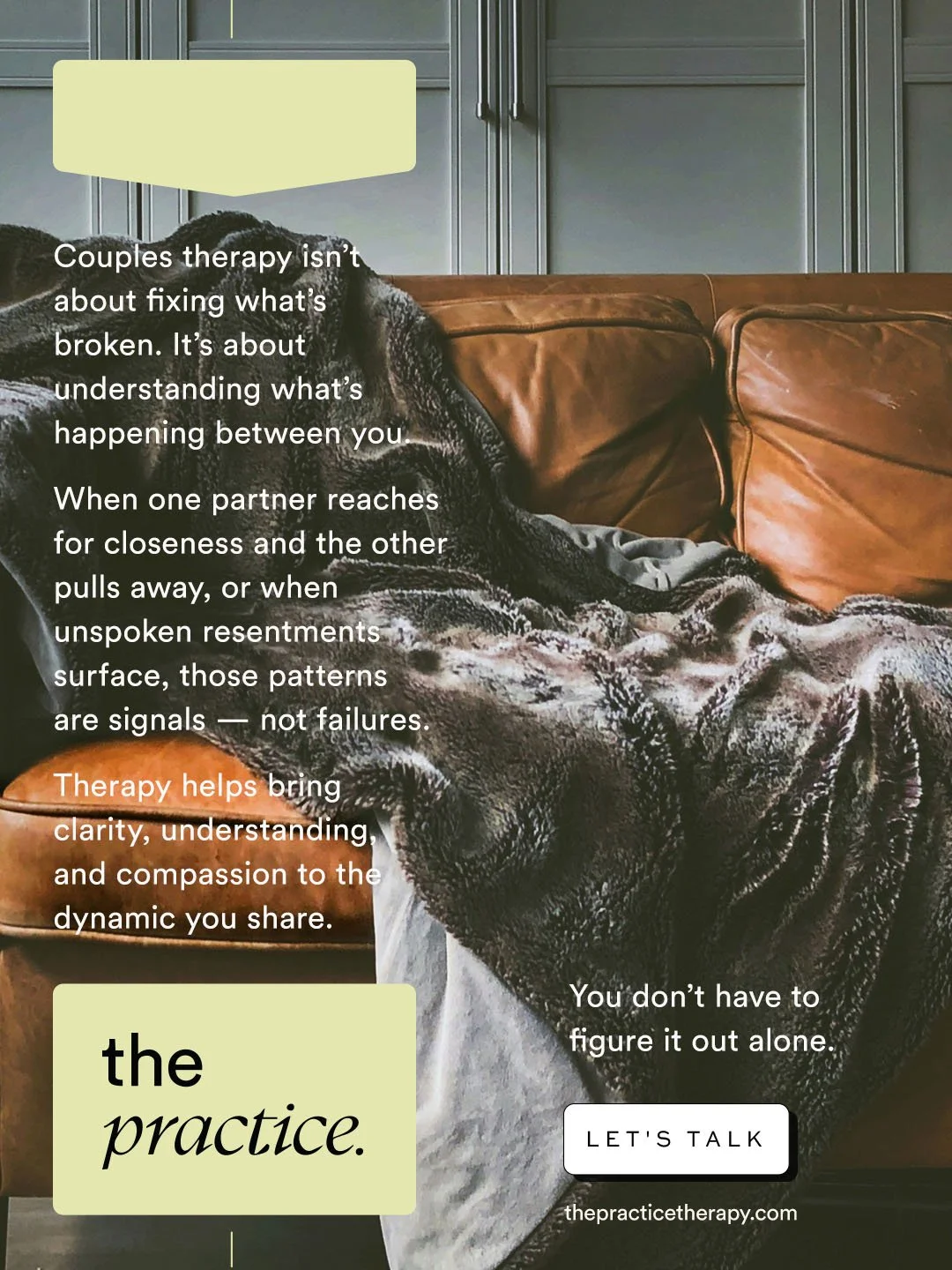 Couples therapy creates space to slow things down and understand what&rsquo;s really happening beneath the surface.
When patterns repeat or distance shows up, it&rsquo;s often a sign that something important is trying to be communicated.

Therapy isn