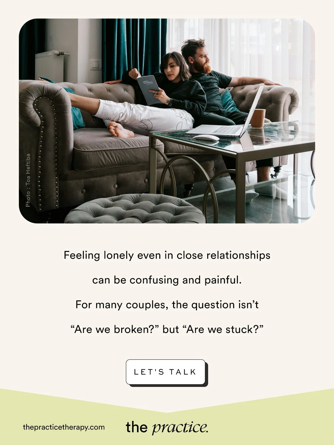 Loneliness can exist even in loving relationships. When the question &ldquo;Are we okay?&rdquo; starts to surface, it&rsquo;s often an invitation to slow down and listen more closely.

You don&rsquo;t have to navigate it alone.
Let's Talk. 💞 

thepr