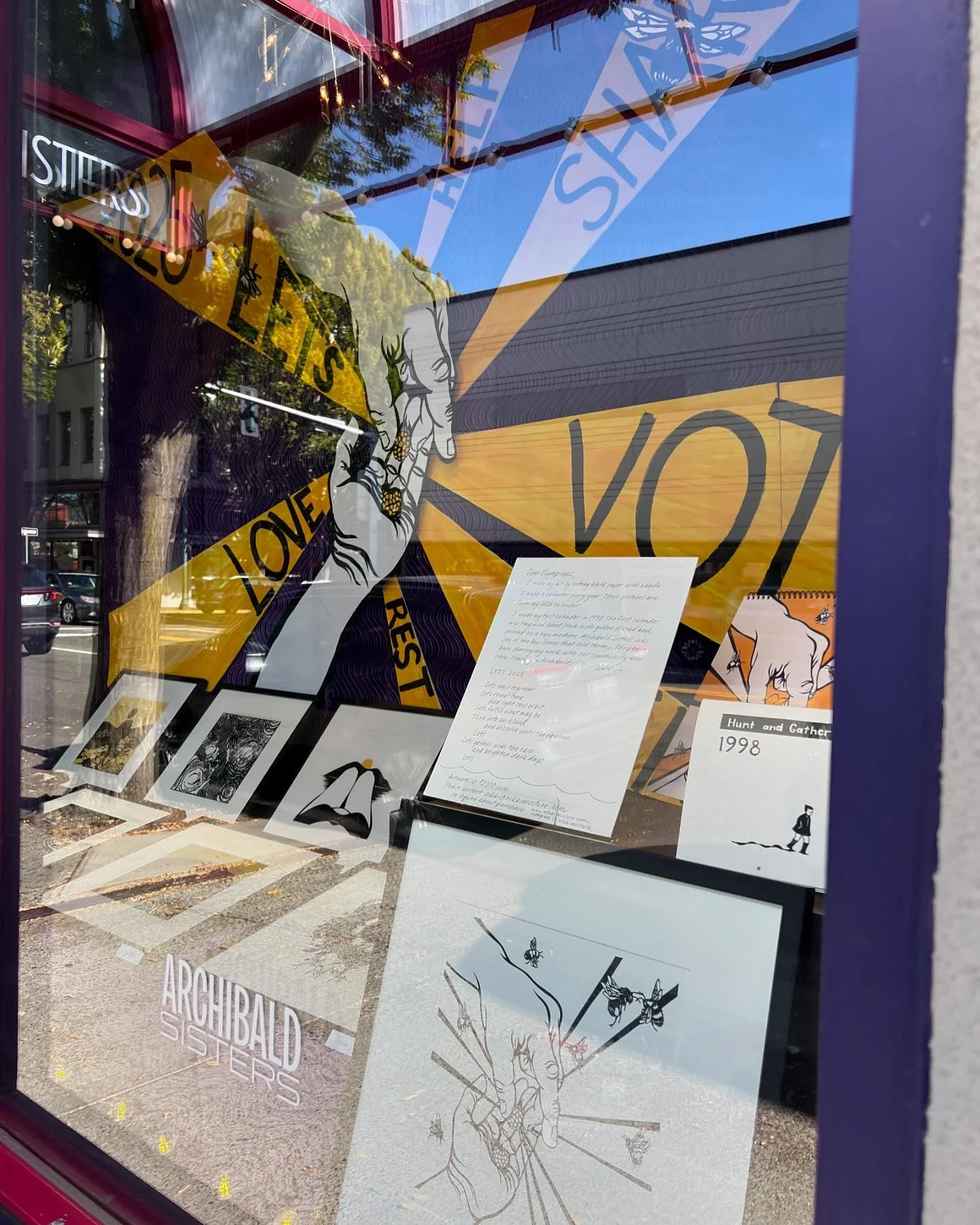 Window display of 2025 calendar artwork is up @archibaldsisters in Olympia. Arts Walk weekend starts Friday 5-10pm and Saturday 12-6pm. Take an early peek today! Plus you&rsquo;ll get bonus seeing artists scampering all over town setting up art exhib