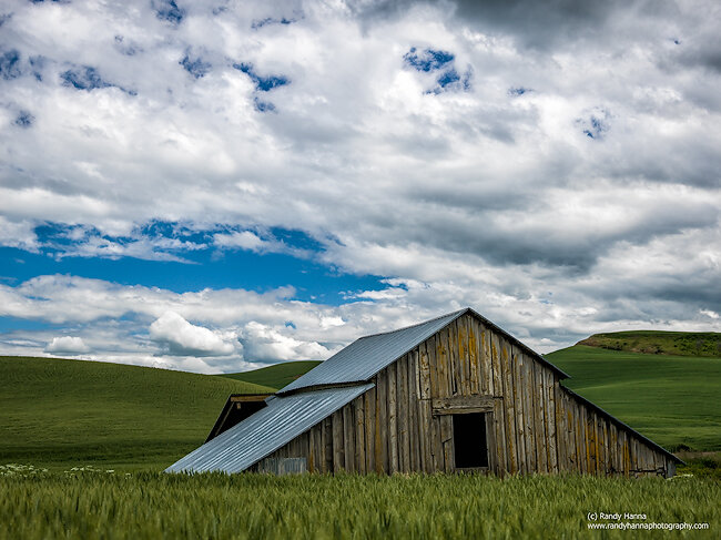 Weathered wooden barn in a grassy field under a cloudy blue sky