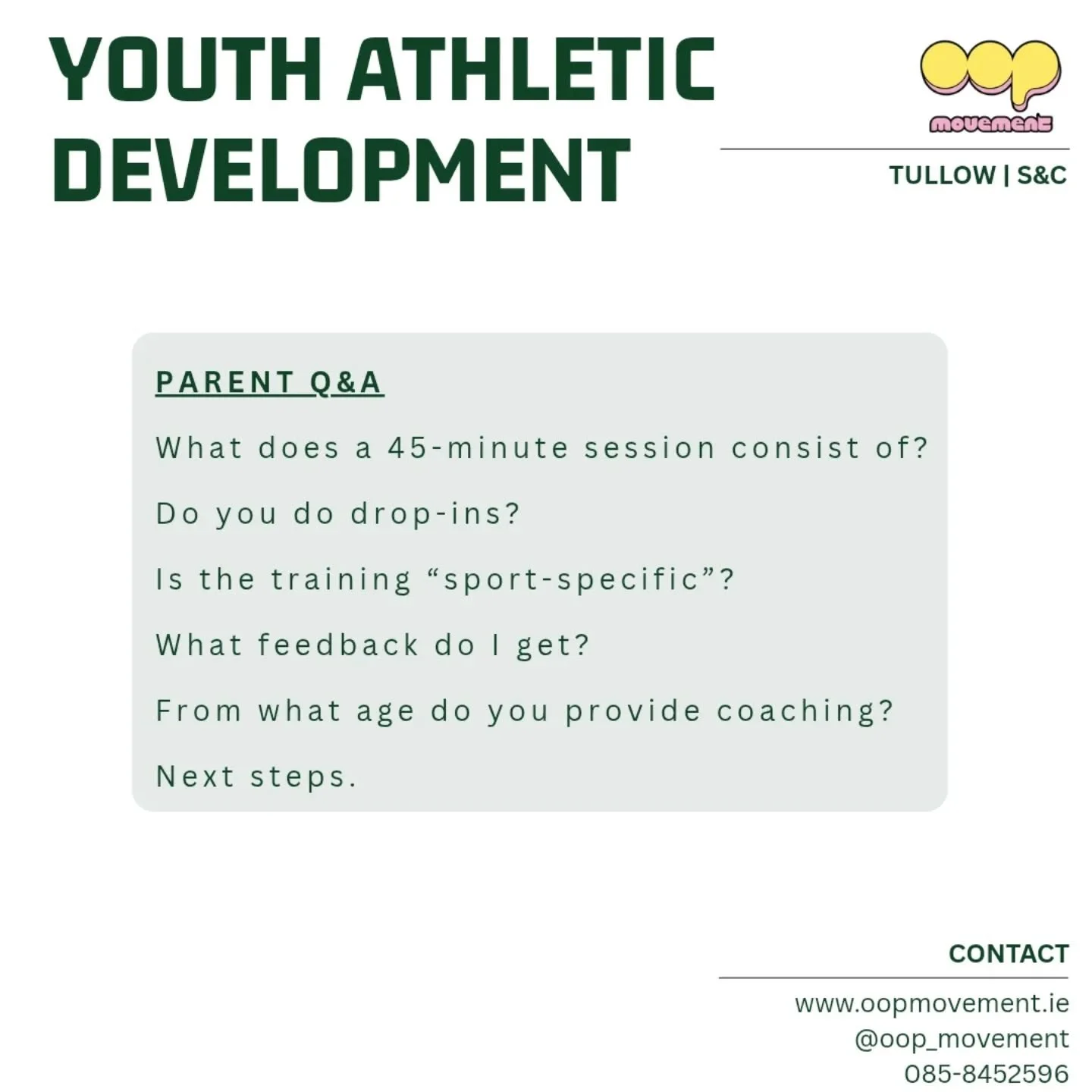 Answering a few more questions on the training process here for parents.

What does a session consist of?

Do you do drop-ins? 

Is the training "sport-specific"?

What feedback do I get?

From what age do you provide coaching?

/

Register