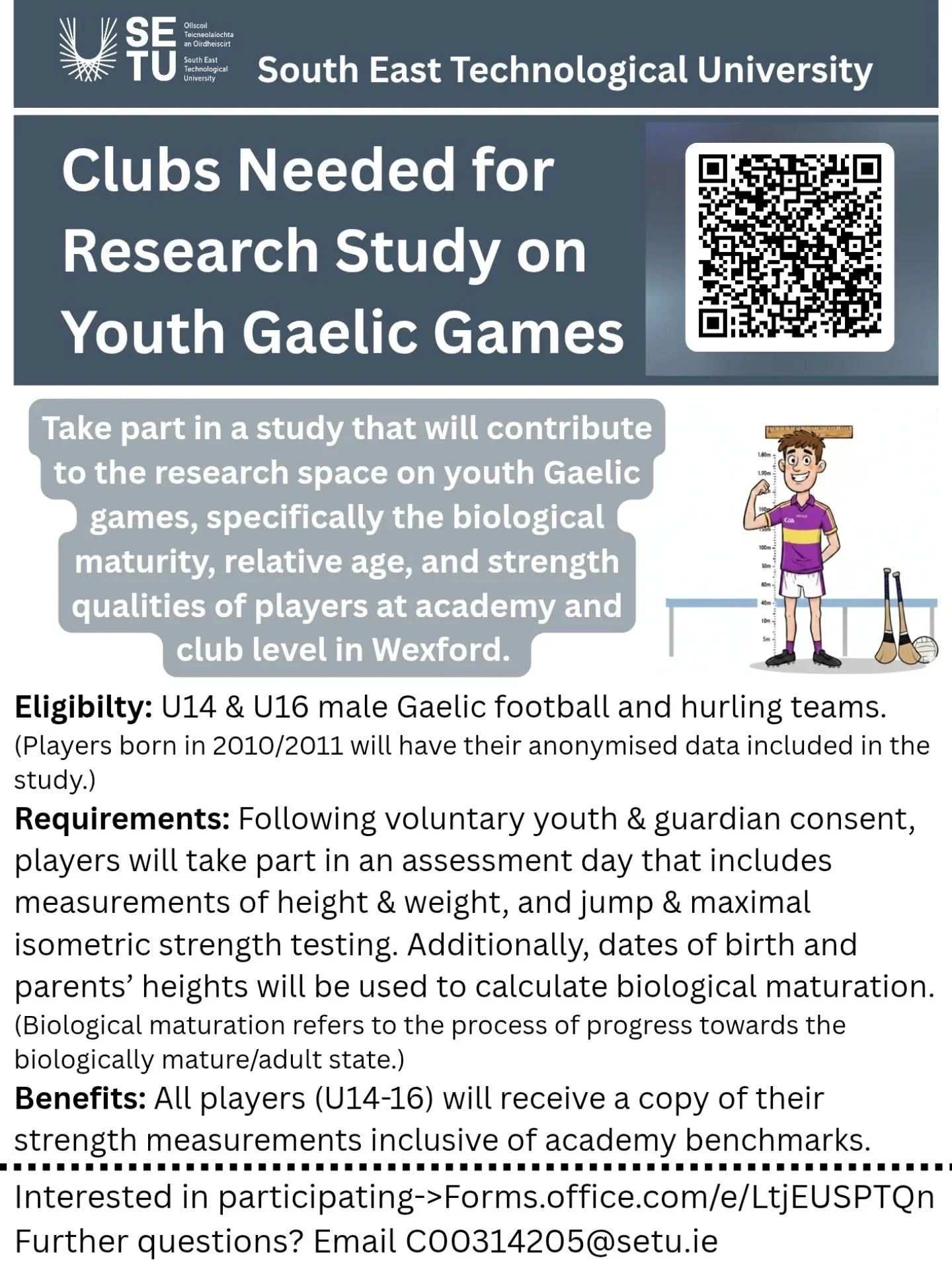 📢 I'm currently looking for clubs in Wexford to participate in my thesis study. This is a great opportunity to contribute to the research space on youth Gaelic games. All players taking part will receive a copy of their strength measurements on the 