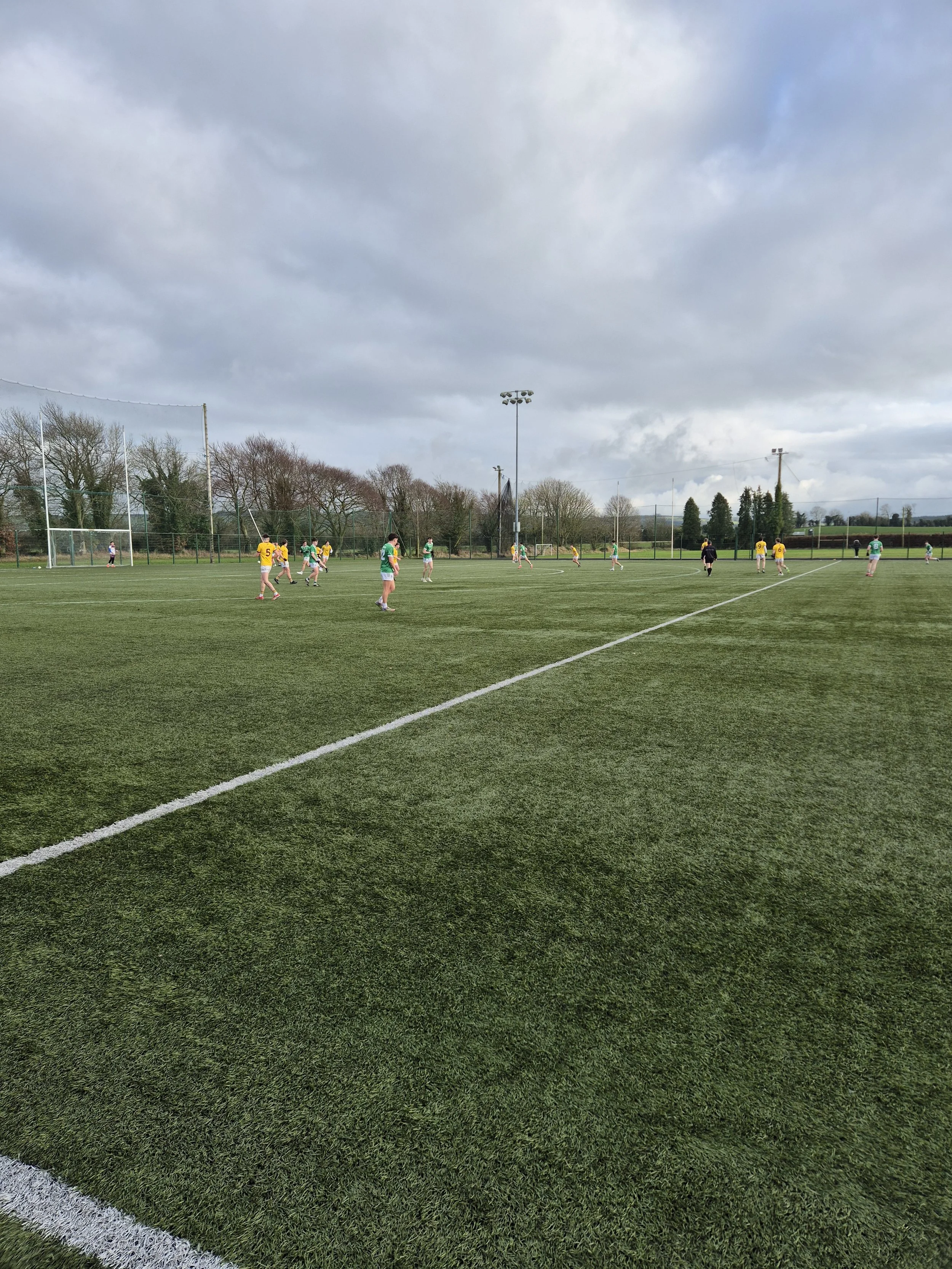 A GAA field with players in green and yellow jerseys, cloudy sky, and trees in the background.