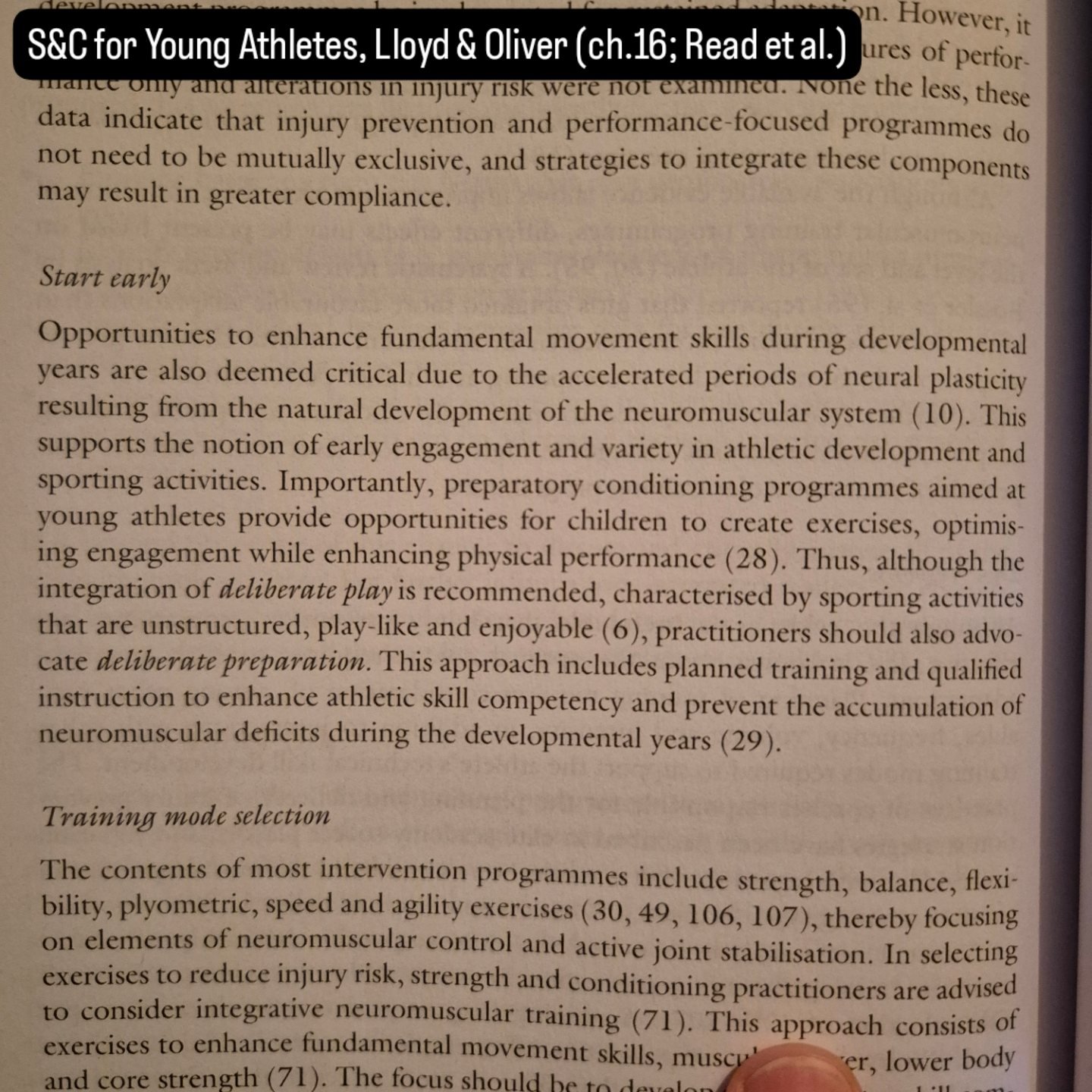 Page from an academic book or journal article with a black label at the top that reads 'S&C for Young Athletes, Lloyd & Oliver (ch.16; Read et al.)'. The text discusses exercise programs for children and young athletes, covering topics such as early engagement in movement skills, deliberate play, and training modes.