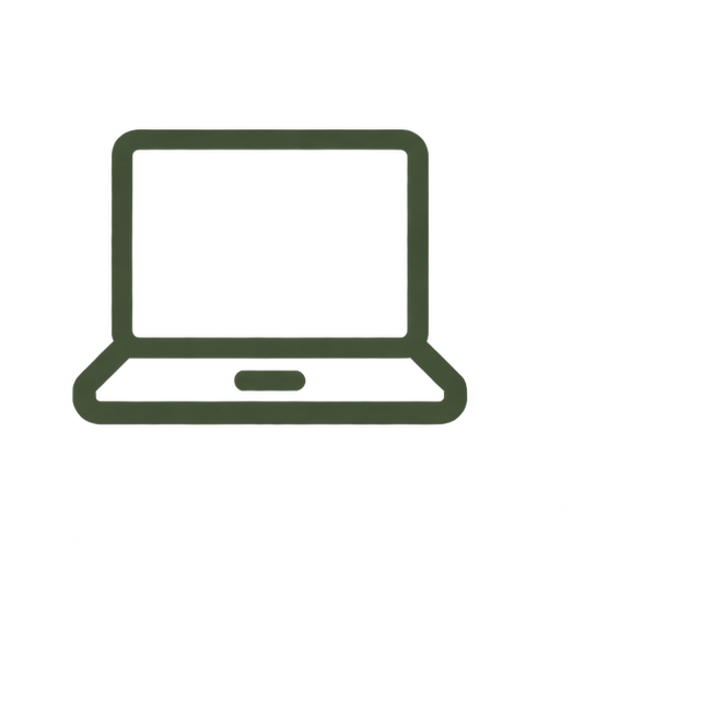 Outline drawing of a laptop computer with a black screen.