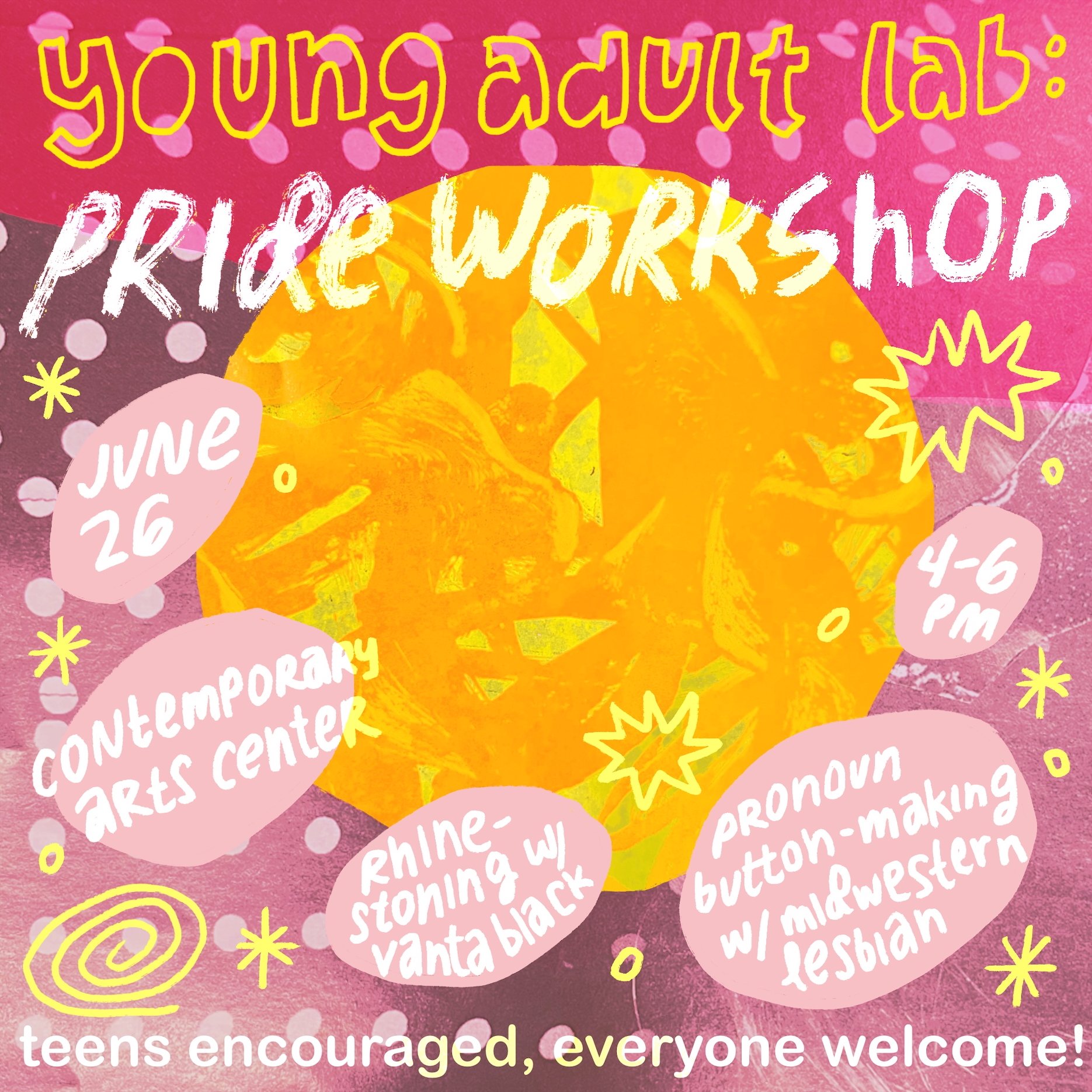 Join us at the Cincinnati Contemporary Arts Center for a Young Adult Lab: Pride Workshop! Filled with pronoun button making with us, and rhinestoning with Vanta Black! Teens encouraged, everyone welcome! Hope to see y'all there! 💖

#lgbtq #pride #ga