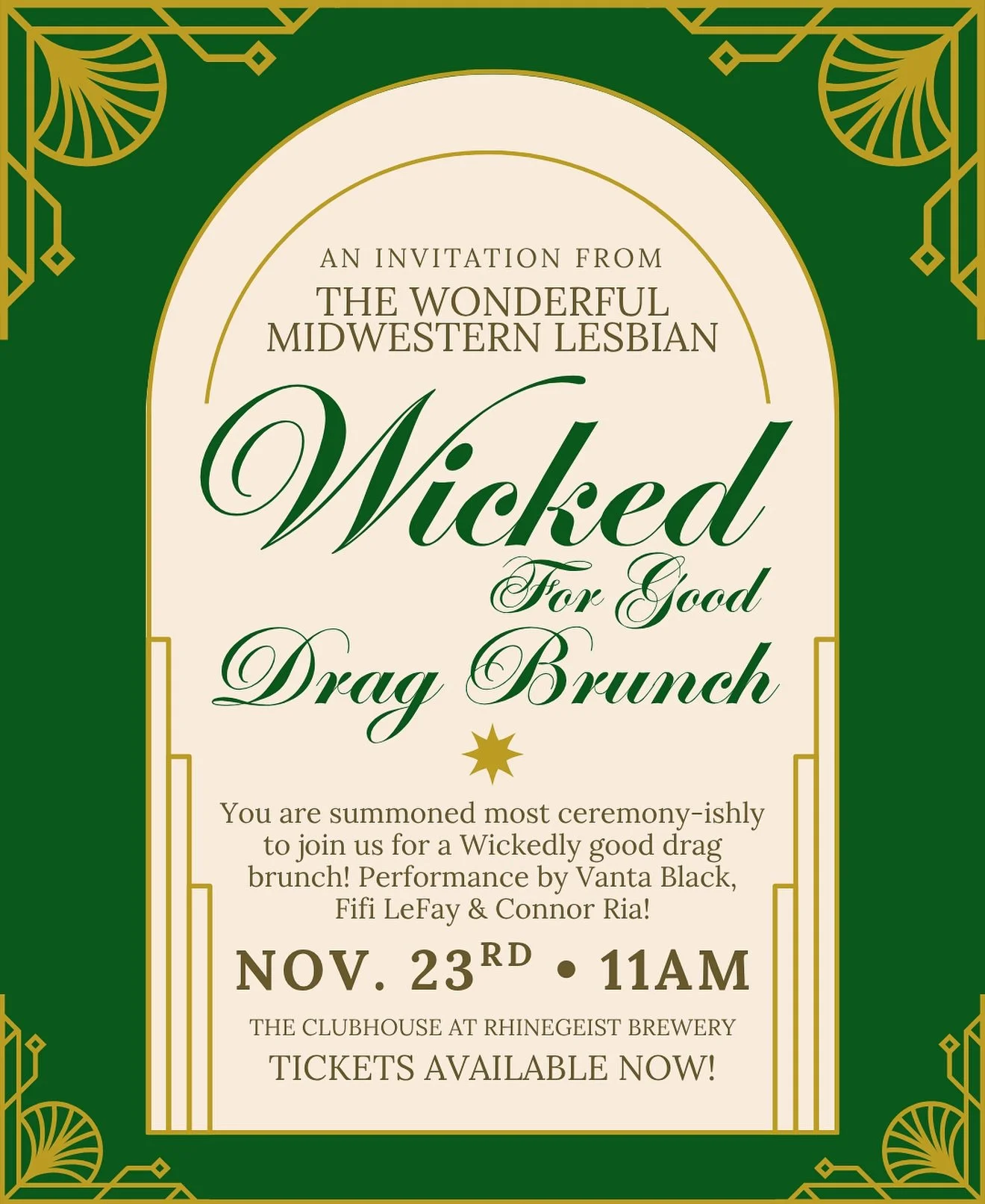 Join us for a spectacularly Oz-some time at the Wicked: For Good Drag Brunch at Rhinegeist Brewery! A morning filled with magical performances, delicious food, and glittering company. Your ticket includes exclusive admission to The Clubhouse, a brunc