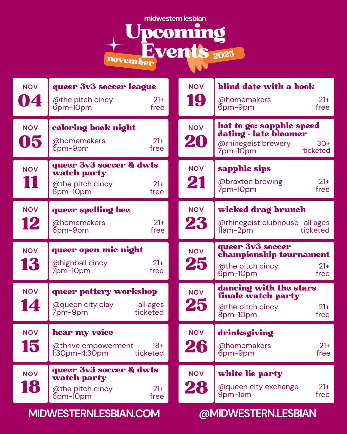 so excited to spend november with y'all!! 🍂🌈

#lgbtq #events #november #dwts #soccer #pottery #dancing #drag #party