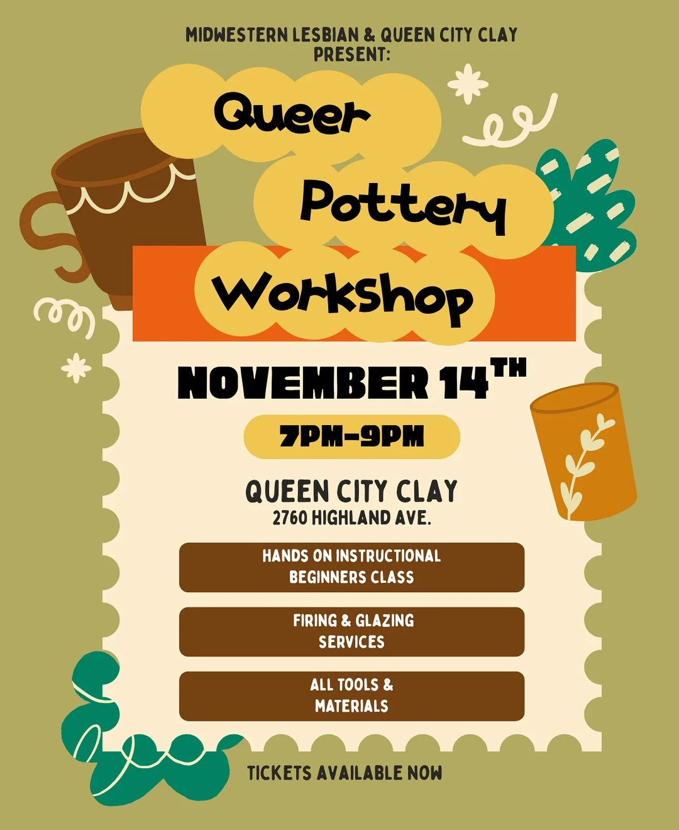 we&rsquo;re so excited to be celebrating one year of our queer clay workshops with @queencityclay !! join us for our hand building night next friday. this is the perfect opportunity to create a hand-made gift for the holidays, have a date night out, 