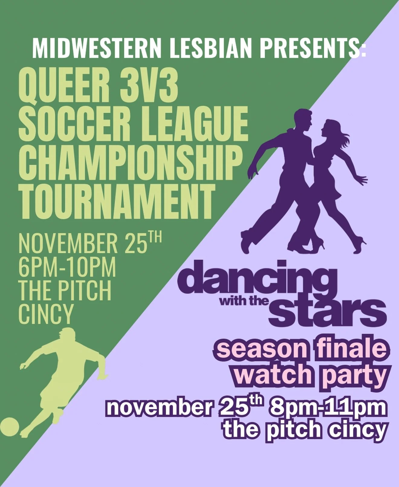 join us this tuesday for a double feature finale!! 
november 25th holds the final games for our queer soccer league! who will take home the title for the inaugural season? ⚽️ games start at 6pm
then join us inside to watch the season finale of dancin