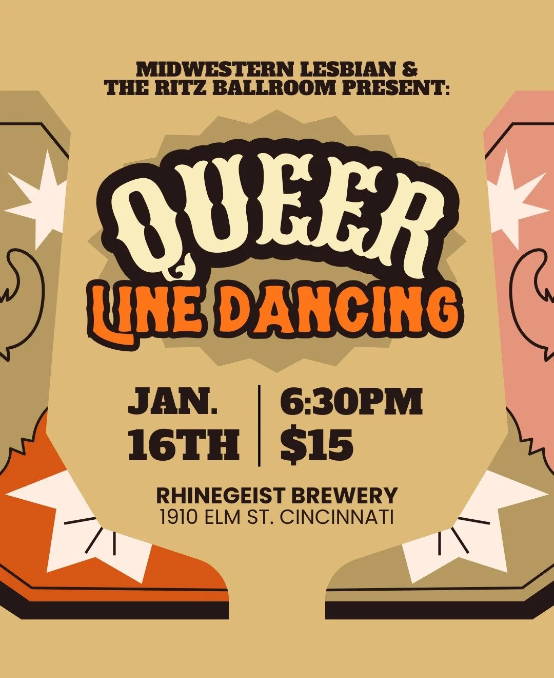 Join Midwestern Lesbian and Bree Reynolds from The Ritz Ballroom at Rhinegeist Taproom for a night of cold drinks, great music, and the BEST vibes in Cincinnati. New to line dancing? No problem! We have an hour class from 6:30-7:30 to get you ready t