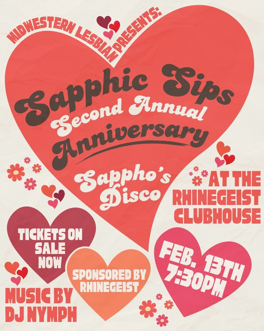 We are so excited to be hosting our 2nd Annual Sapphic Sips Anniversary Party, presented by Rhinegeist Brewery!

Join us on Friday February 13th, starting at 7:30pm, in The Clubhouse at Rhinegeist Brewery for an evening of sapphic community, music by