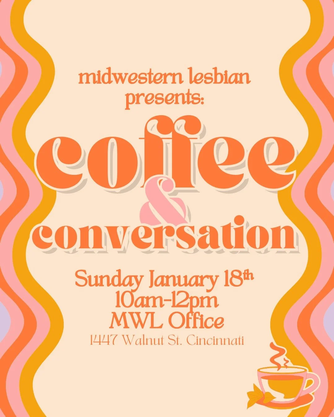 join us at the MWL office for a cup of coffee or tea before you start your day! meet new people, or get together with friends. we'll have name tags, conversation starters and games! 
coffee available while supplies last

#lgbtq #cincinnati #ohio