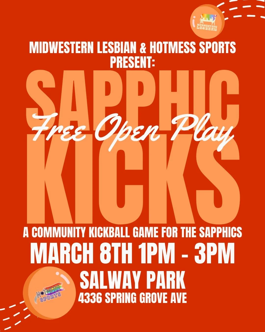 we're playing kickball with @hotmesssportscincinnati !!! join us for our second annual Sapphic Kicks, a free open play sapphic kickball game at Salway Park for the sapphic community! come to play or come to watch! after party at @tillieslounge from 3