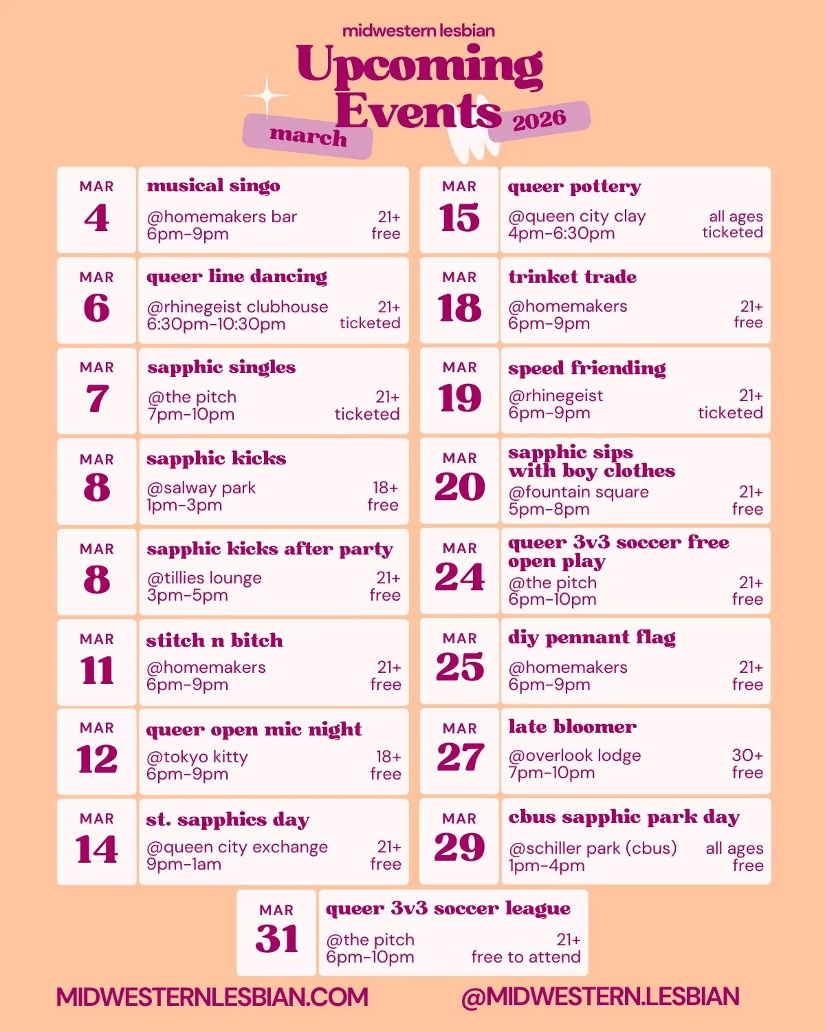 columbus event soft launch anyone? 👀
lots of opportunities to hang out with us in March! hope to see y'all 🫶

#lgbtq #cincinnati #ohio #events #sapphic