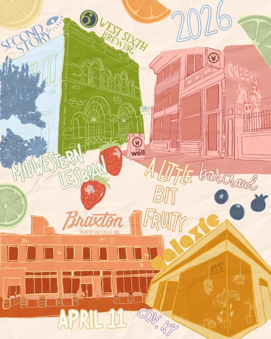 23 days until A Little Bit Fruity Bar Crawl takes over Covington!! 🍓🍊🫐🍋&zwj;🟩🍋

We&rsquo;re so excited to be working with @thewellcovington @braxtonbrewco @secondstory.bar @westsixthcovhaus and @galaxie_cov for making Covington a little bit fru