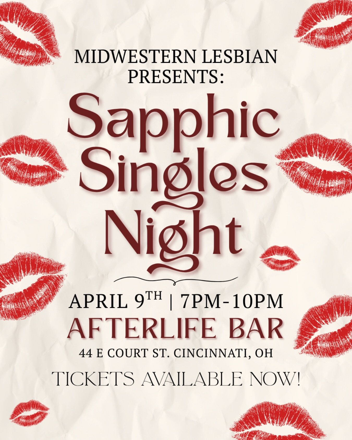 Calling all single sapphics in Cincinnati! We&rsquo;re taking over @afterlife_cincy for an evening of flirtation, drinks, games and community. Join us on April 9th from 7pm to 10pm for a Sapphic Singles Night with Midwestern Lesbian! 💋
This event is