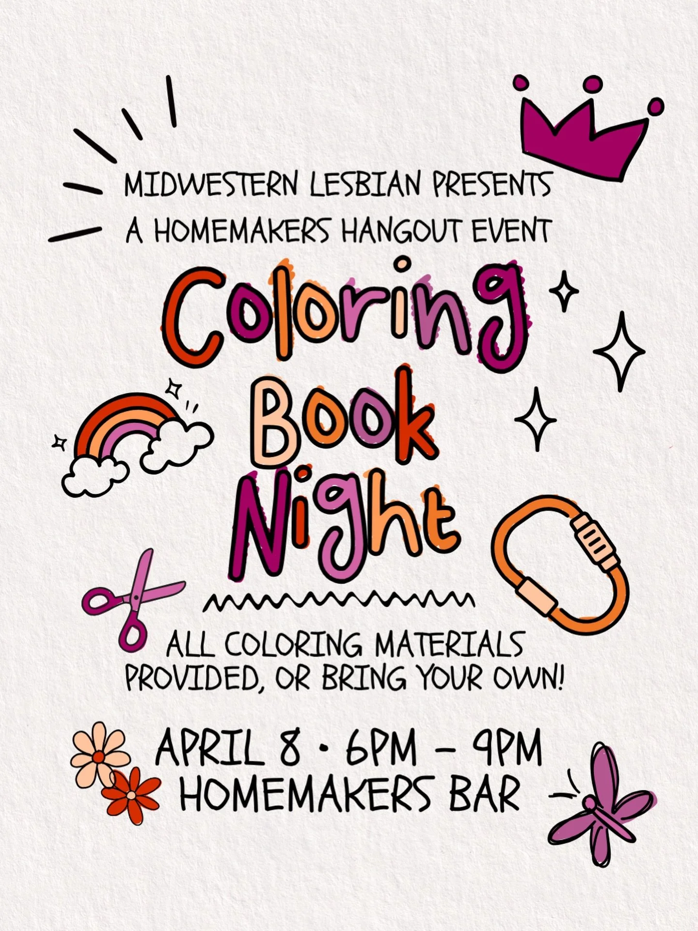 join us for a coloring book night on wednesday! all materials provided, happy hour until 7pm, coloring until 9pm! see you at homemakers at 6!
allie&rsquo;s always welcome at homemakers hangouts 🫶

#lgbtq #cincinnati #ohio #craftnight #midwesternlesb
