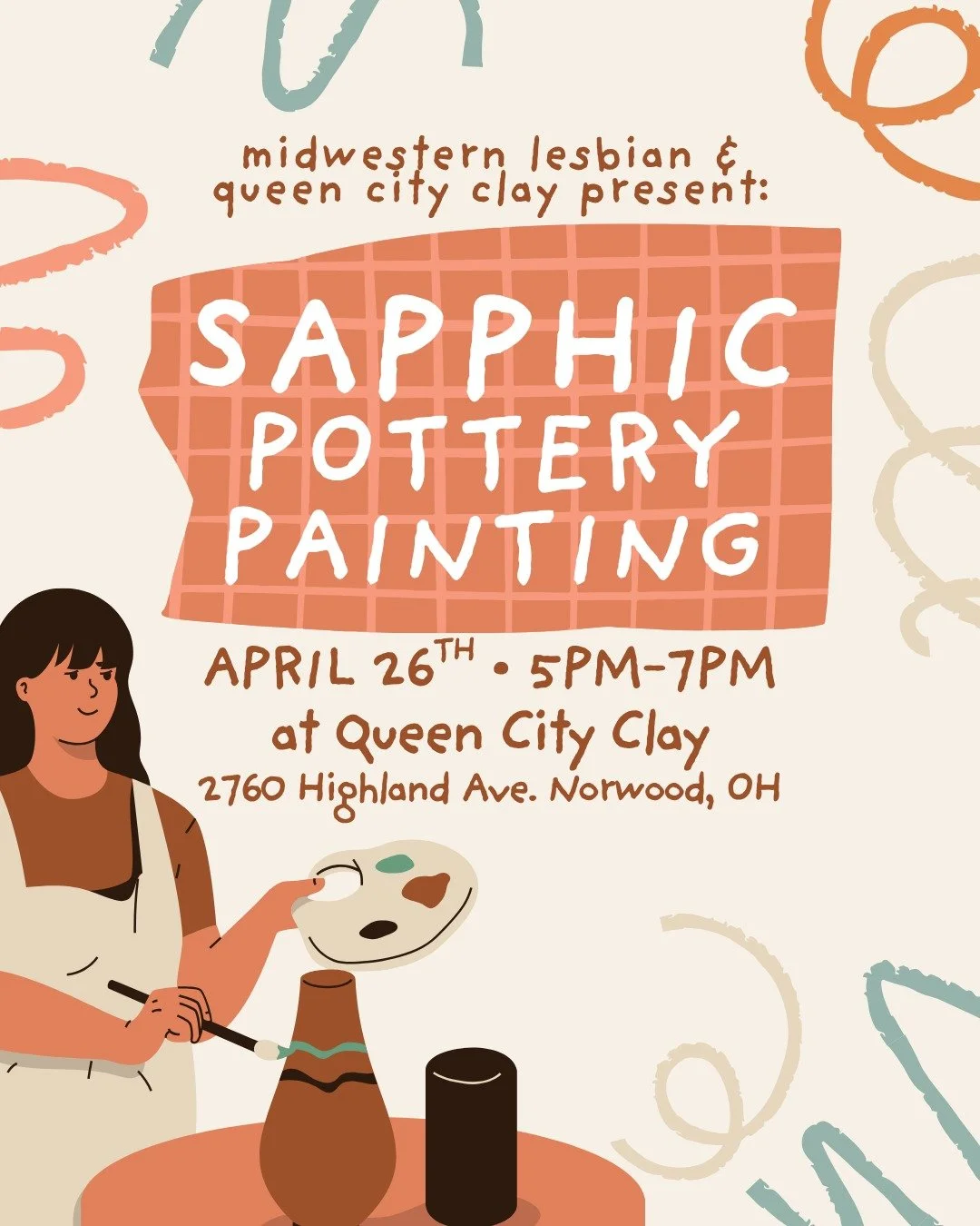 Join Midwestern Lesbian and Queen City Clay for Sapphic Pottery Painting on April 26th from 5pm-7pm! An evening of painting, community, pottery and fun! Tickets include all painting materials, glazes, one piece (up to $20 in value) and firing.

Ticke