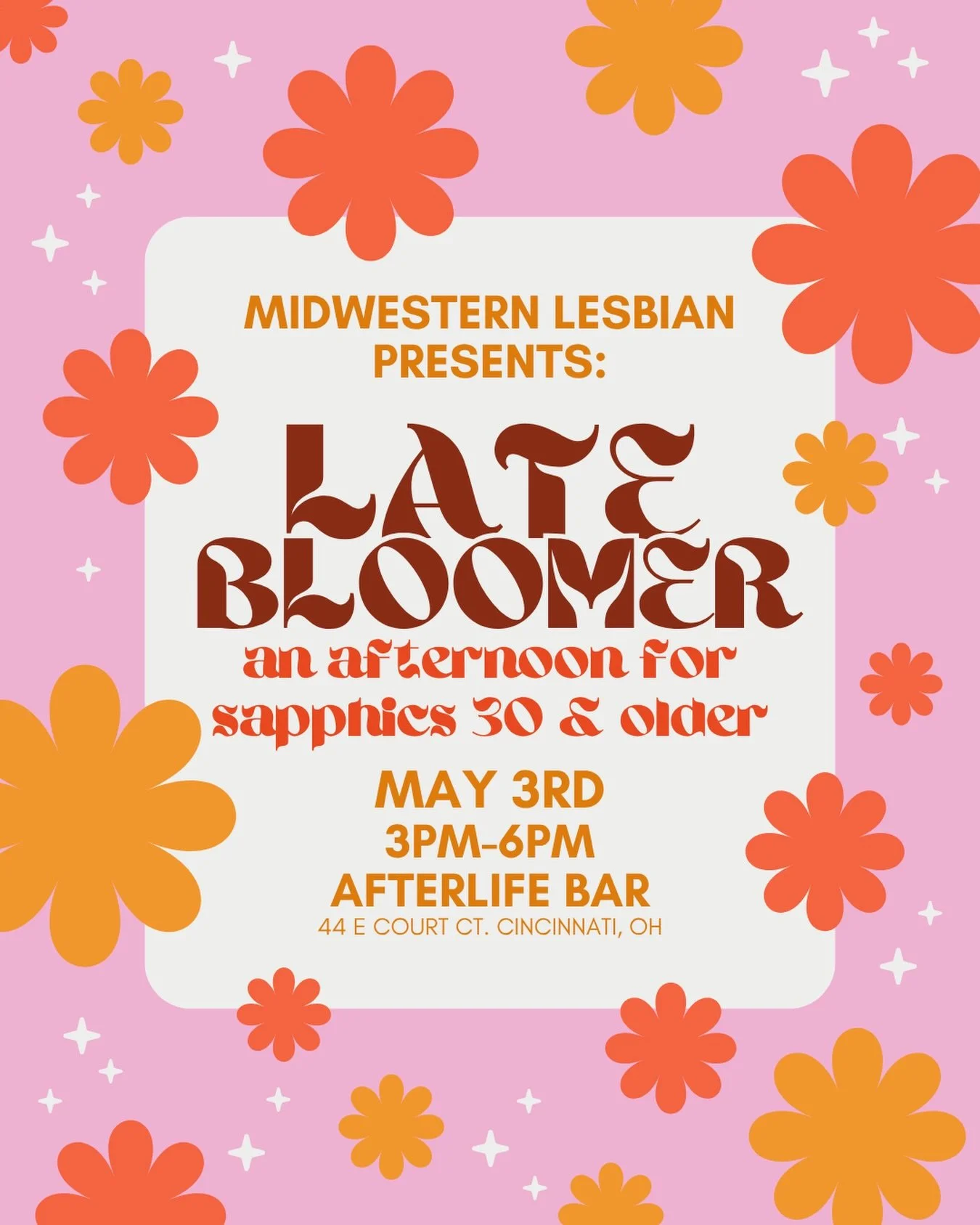 join us on May 3rd for a sunday funday at @afterlife_cincy for Late Bloomer! come enjoy a drink on the patio, be in community, make new connections and more! 🌼 see you there 

#lgbtq #cincinnati #ohio sapphic #wlw