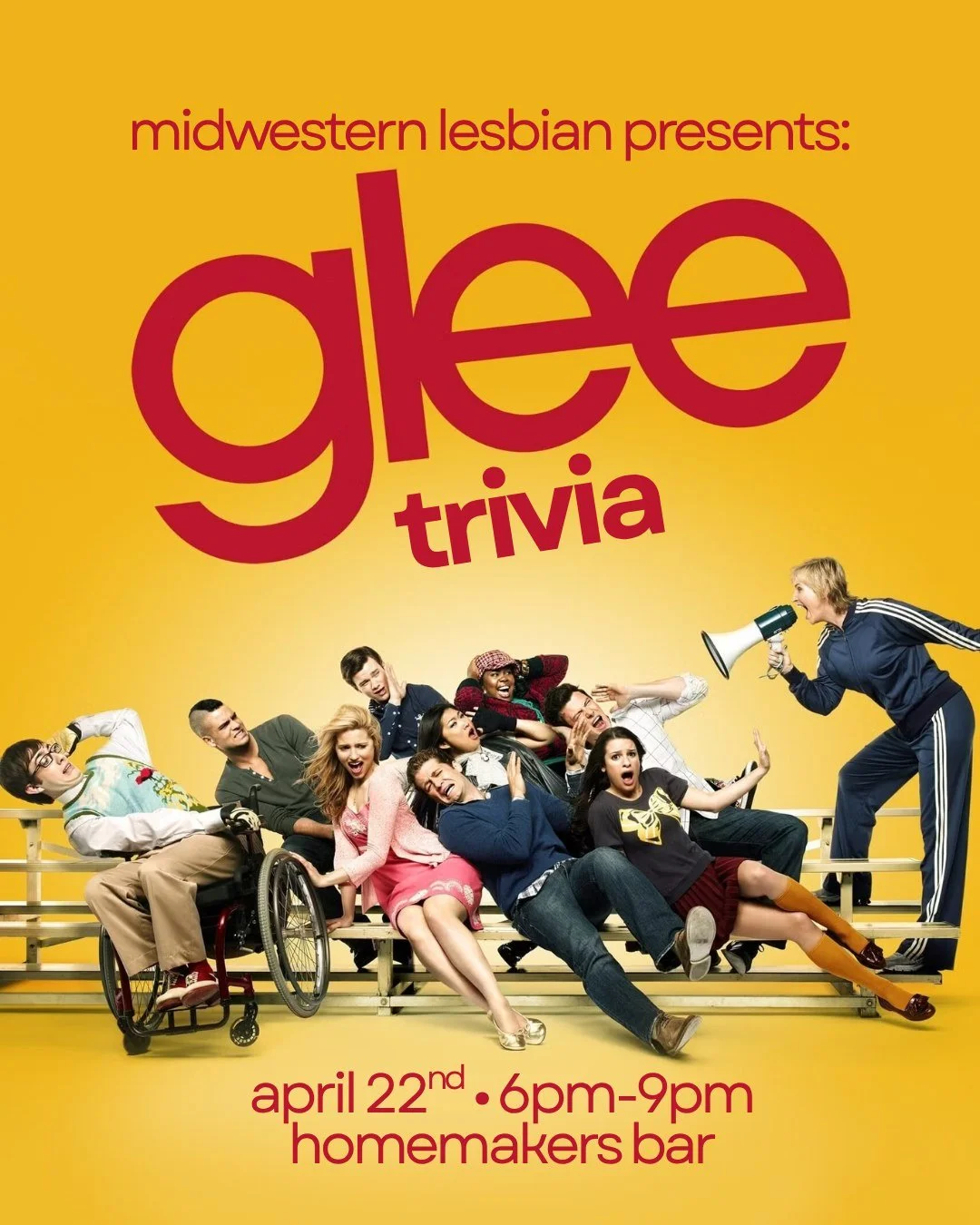 Calling all gleeks! Join us on April 22nd for Glee Trivia! Sign ups start at 6pm, trivia starts at 6:30pm. Top three teams get a prize! Anyone dressed up like Sue Sylvester gets a bonus point 📣

allies always welcome at homemakers hangouts 🫶

#lgbt