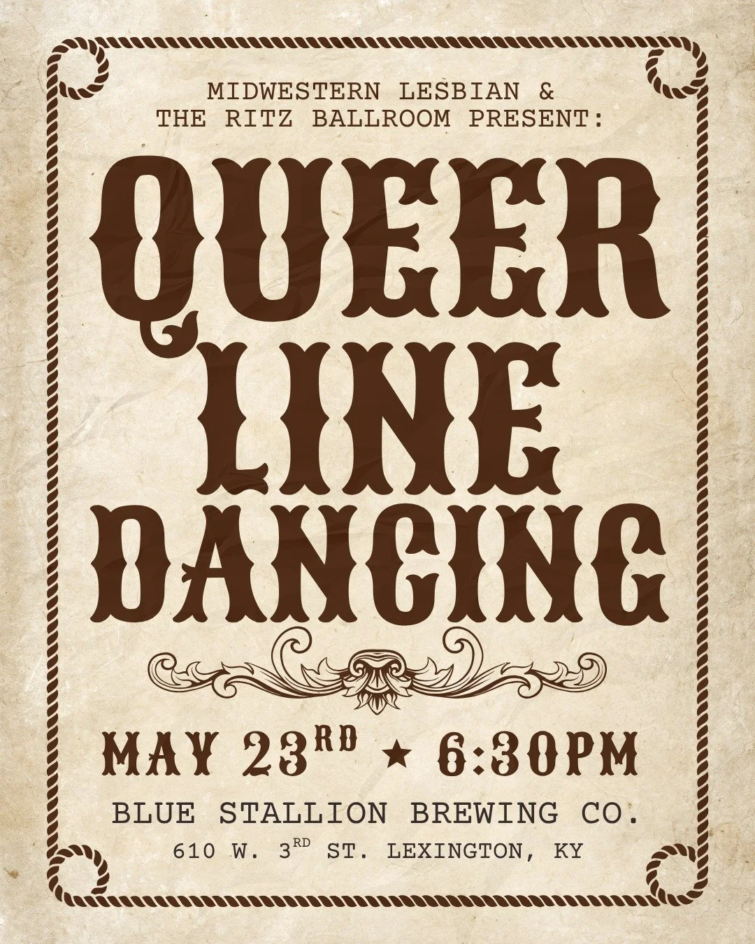 Midwestern Lesbian is hitting the road and we&rsquo;re taking Bree from The Ritz Ballroom with us! Join us in Lexington, KY for a Queer Line Dancing Night at Blue Stallion Brewing on May 23rd starting at 6:30pm. 🤠

Check-in: starting at 6:30pm
Line 