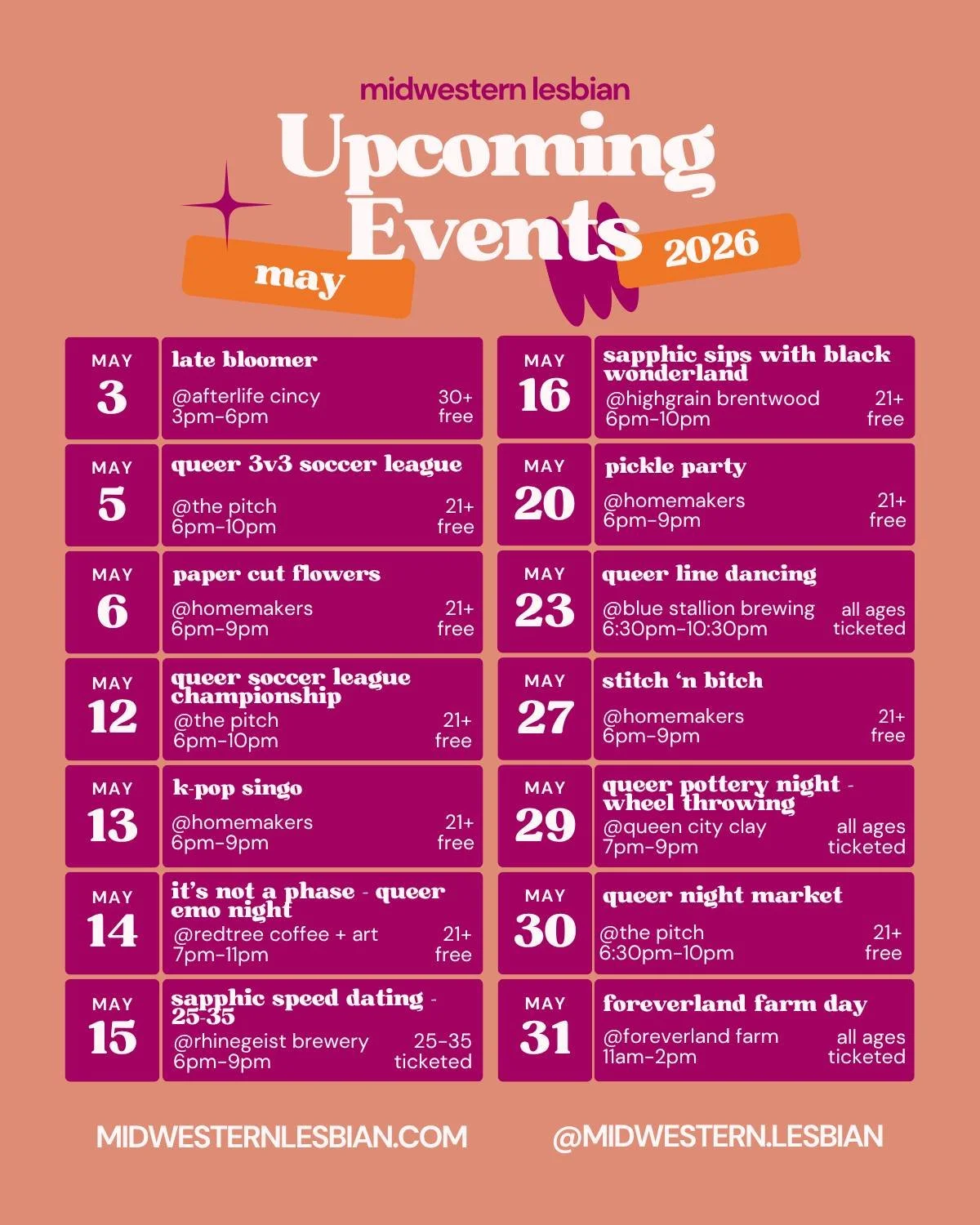 it's gonna be MAY! can't wait to hang out with everyone this month! 🌼🌤️

#lgbtq #events #midwesternlesbian