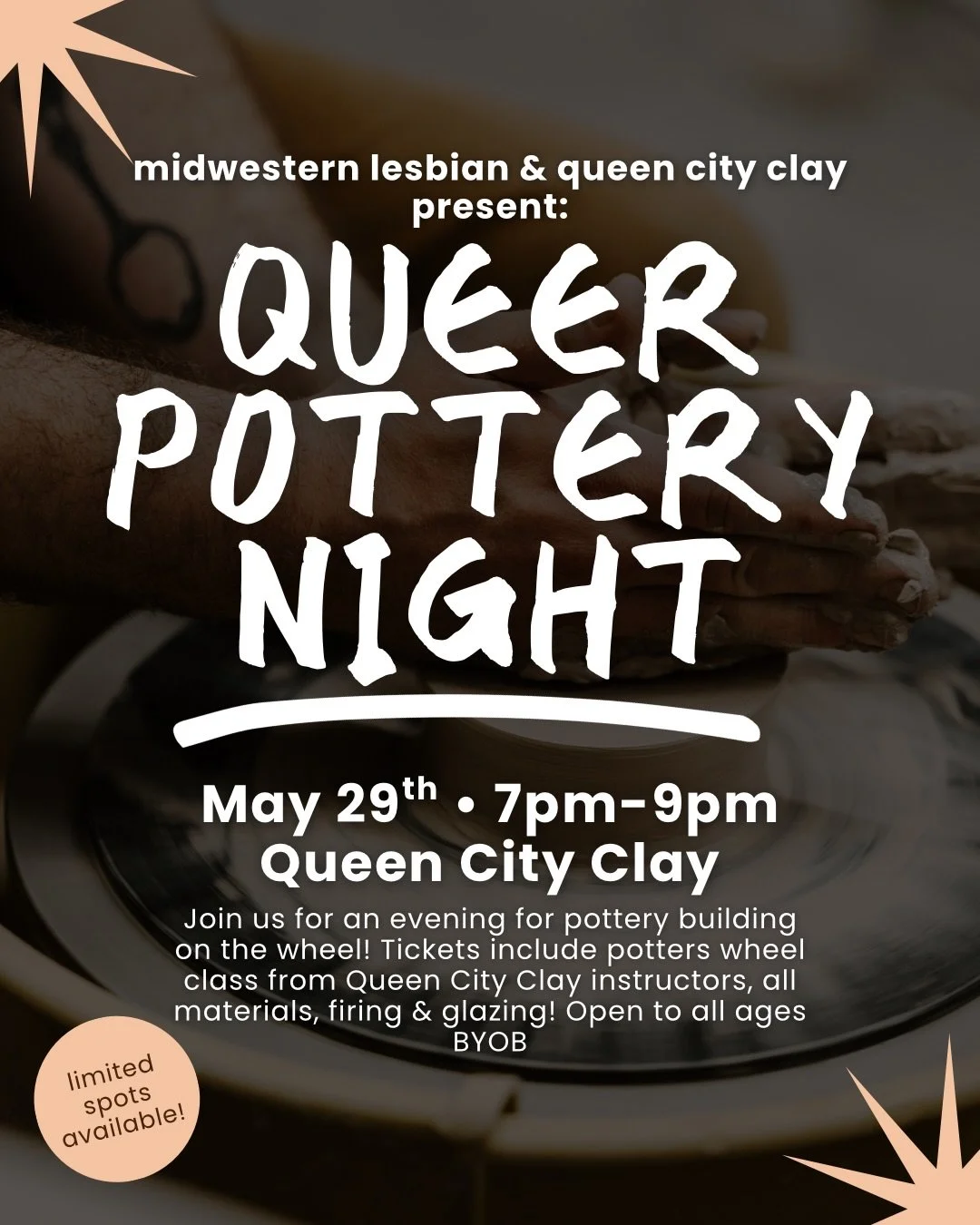 Join Midwestern Lesbiab for an evening for pottery building on the wheel at @queencityclay ! Tickets include potters wheel class from Queen City Clay instructors, all materials, firing &amp; glazing! Open to all ages, and BYOB

sign up through the li