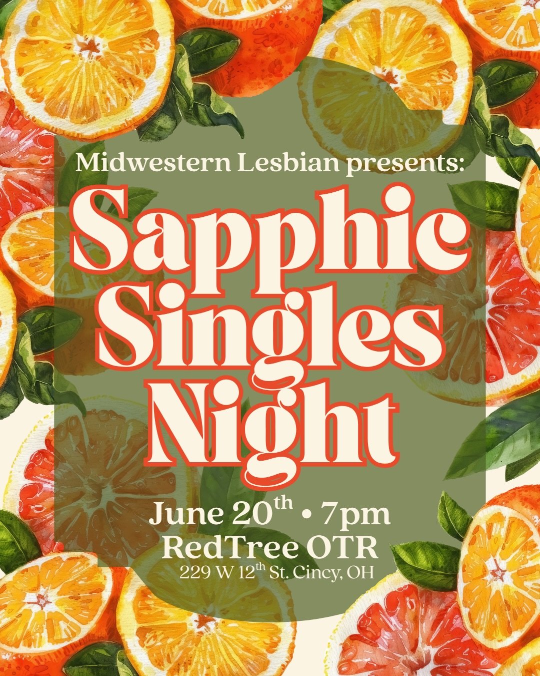Calling all single sapphics in Cincinnati! We&rsquo;re taking over RedTree Coffee &amp; Art for an evening of flirtation, drinks, games and community. Join us on June 20th from 7pm to 10pm for a Sapphic Singles Night with Midwestern Lesbian! 🍊
This 