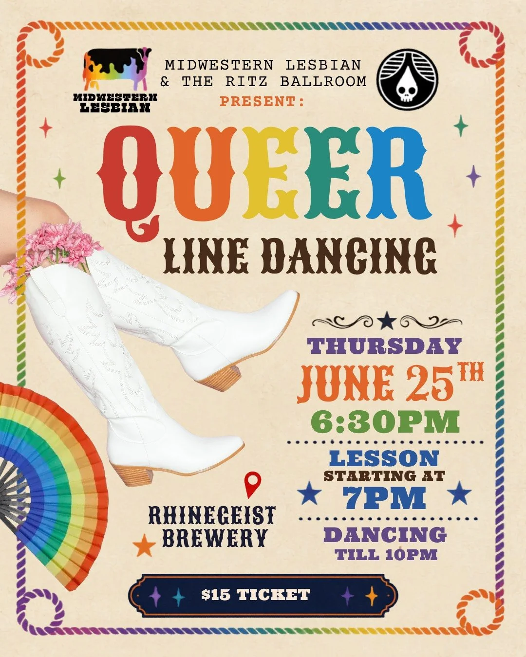 Join Midwestern Lesbian and The Ritz Ballroom at Rhinegeist Brewery on June 25th for a night of cold drinks, great music, and an evening of line dancing! 🤠
New to line dancing? No problem! We have an hour class from 7pm-8pm to get you ready to dance