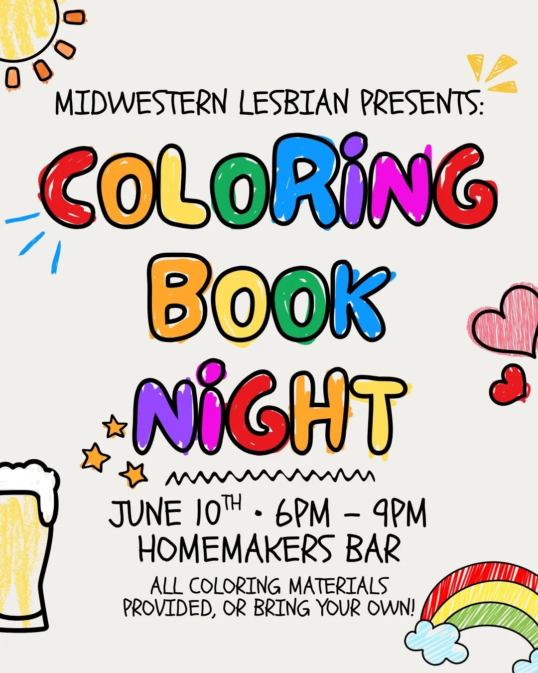 oh hey this is tomorrow. sorry i forgot to post it 🤪
we&rsquo;ll bring all the stuff 🖍️
allies welcome 🫶

#lgbtq #cincinnati #coloringbook #pride #midwesternlesbian