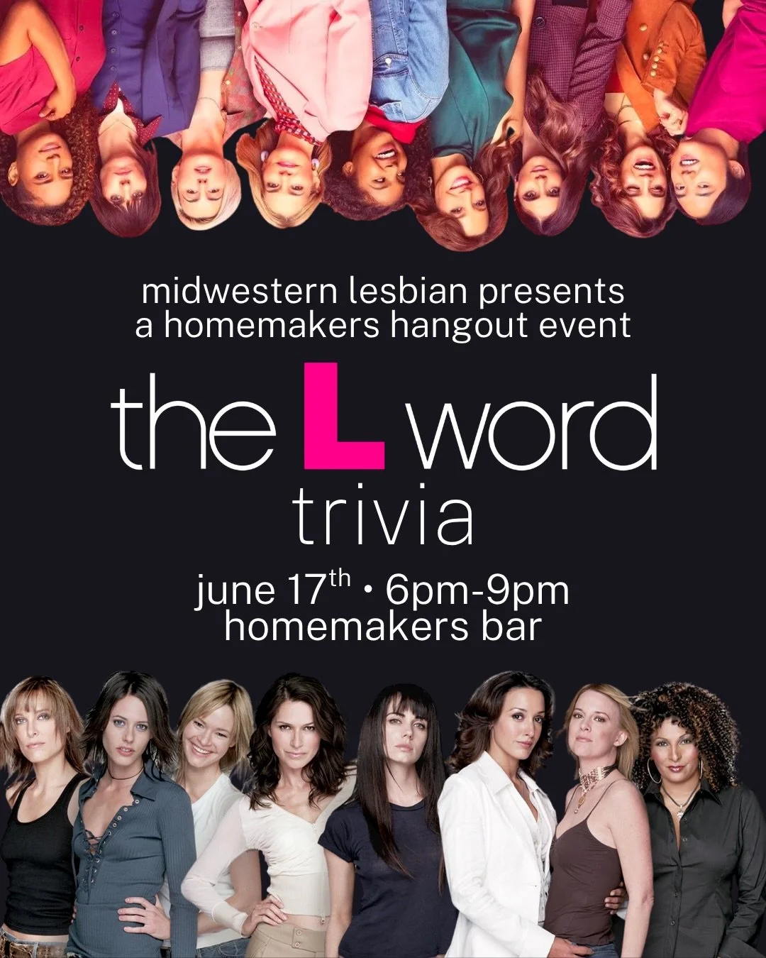 Talking, laughing, loving, breathing, fighting, f*cking, crying, drinking, riding, winning, losing, cheating, kissing, thinking, dreaming

Midwestern Lesbian presents The L Word Trivia at @homemakersbar ! Join us for questions spanning both the origi