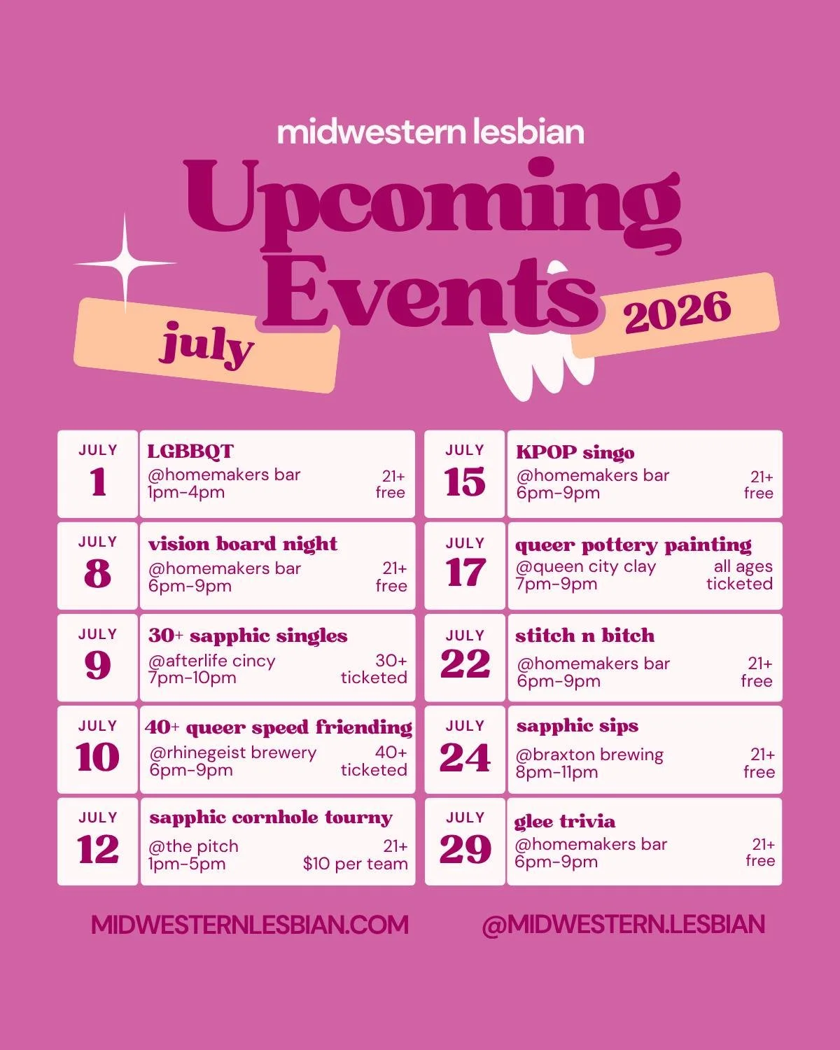 sorry for the delay, we were recovering from pride month 🤪
come and hang out with us in July! all ticketed events are linked in our bio

#lgbtq #cincinnati #events #sapphic #midwesternlesbian