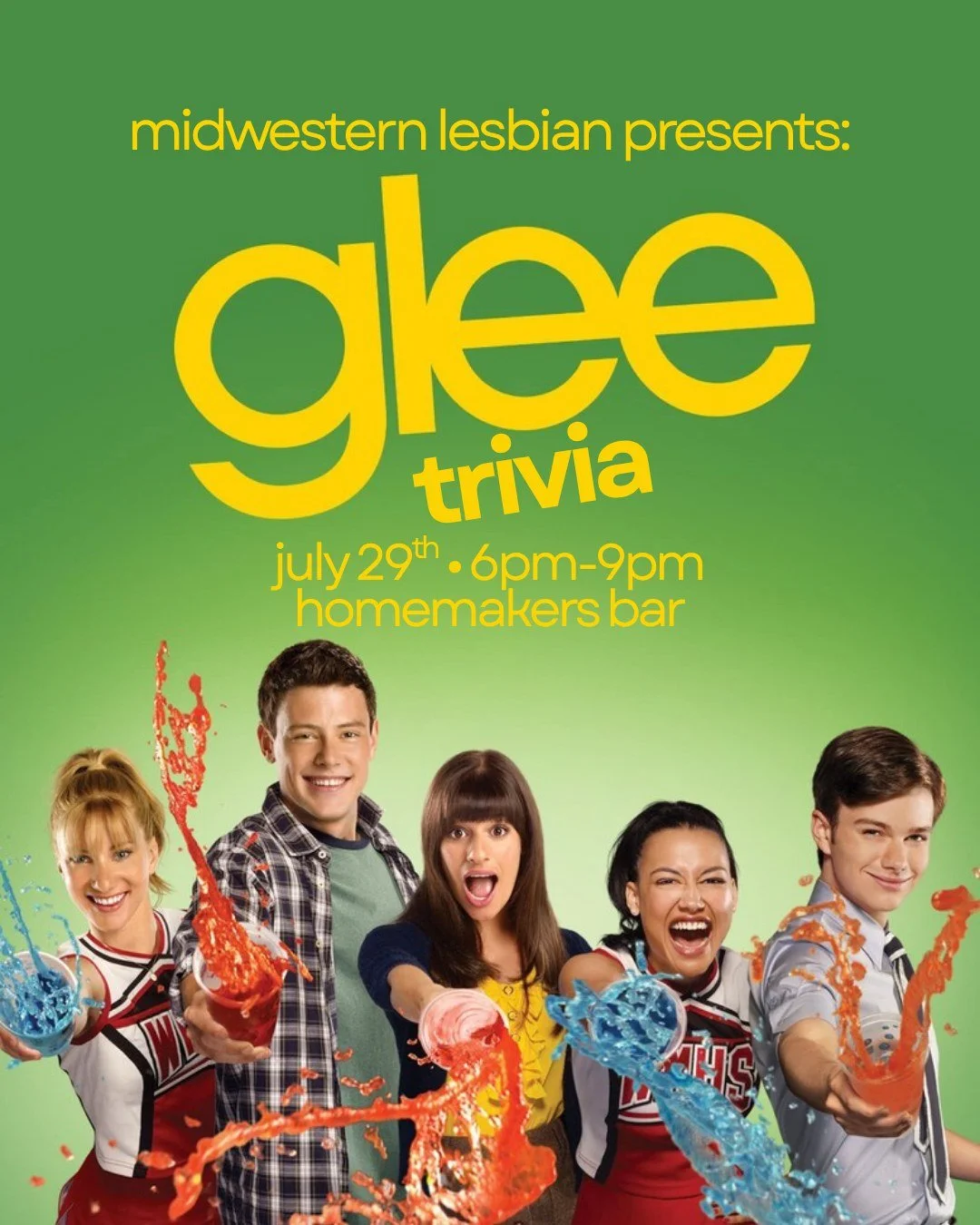Calling all gleeks! Join us on July 29th for Glee Trivia... part 2! Sign ups start at 6pm, trivia starts at 6:30pm. Top three teams get a prize! Anyone dressed up like Sue Sylvester gets a bonus point 📣

allies always welcome at homemakers hangouts 