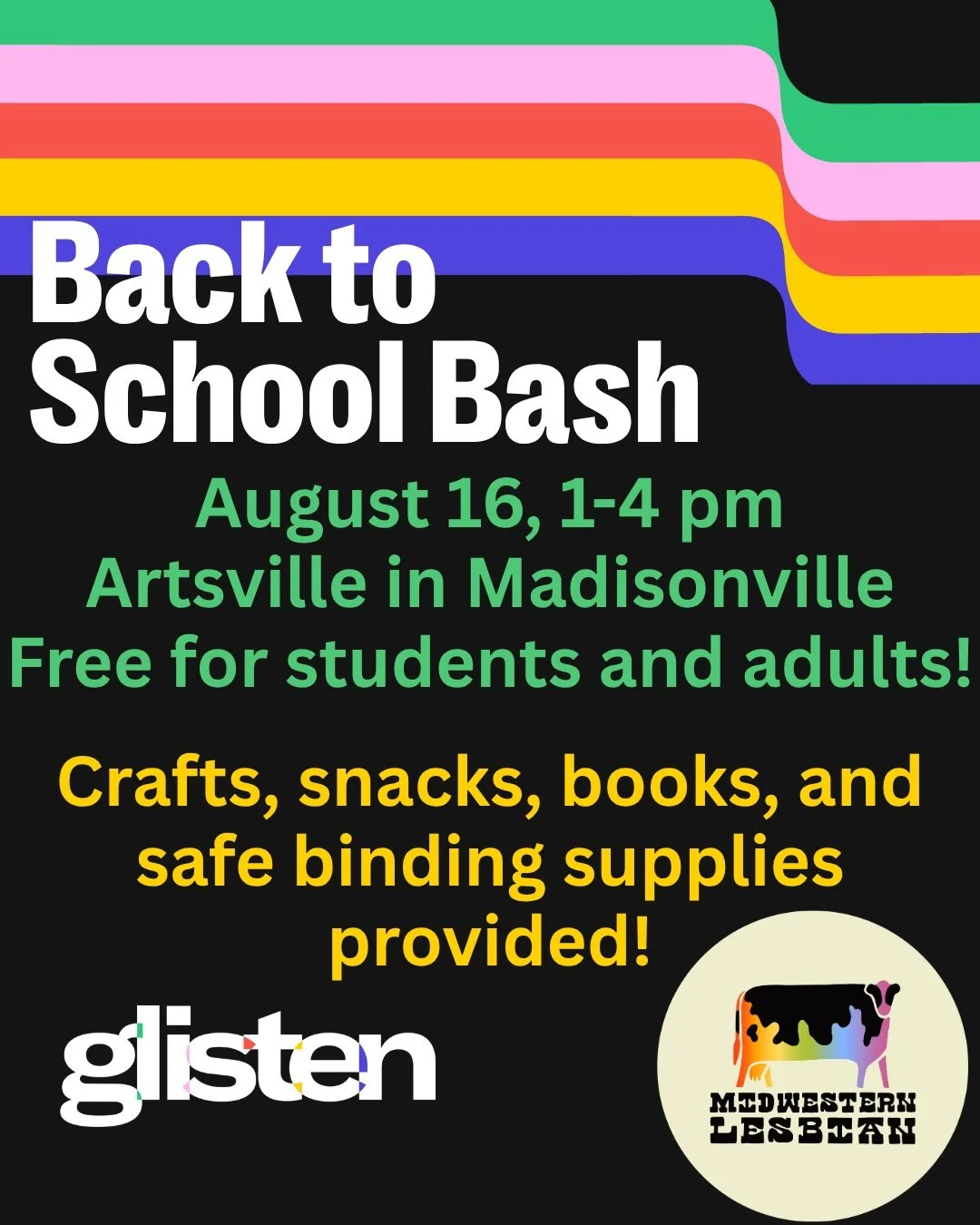 Join @glistencincinnati and Midwestern Lesbian for a Back to School Bash at @artsville_madisonville on August 16th from 1pm-4pm!
An afternoon filled with crafts, snacks, books, safe binding supplies, music by Midwestern Lesbian and more! 
Free for st
