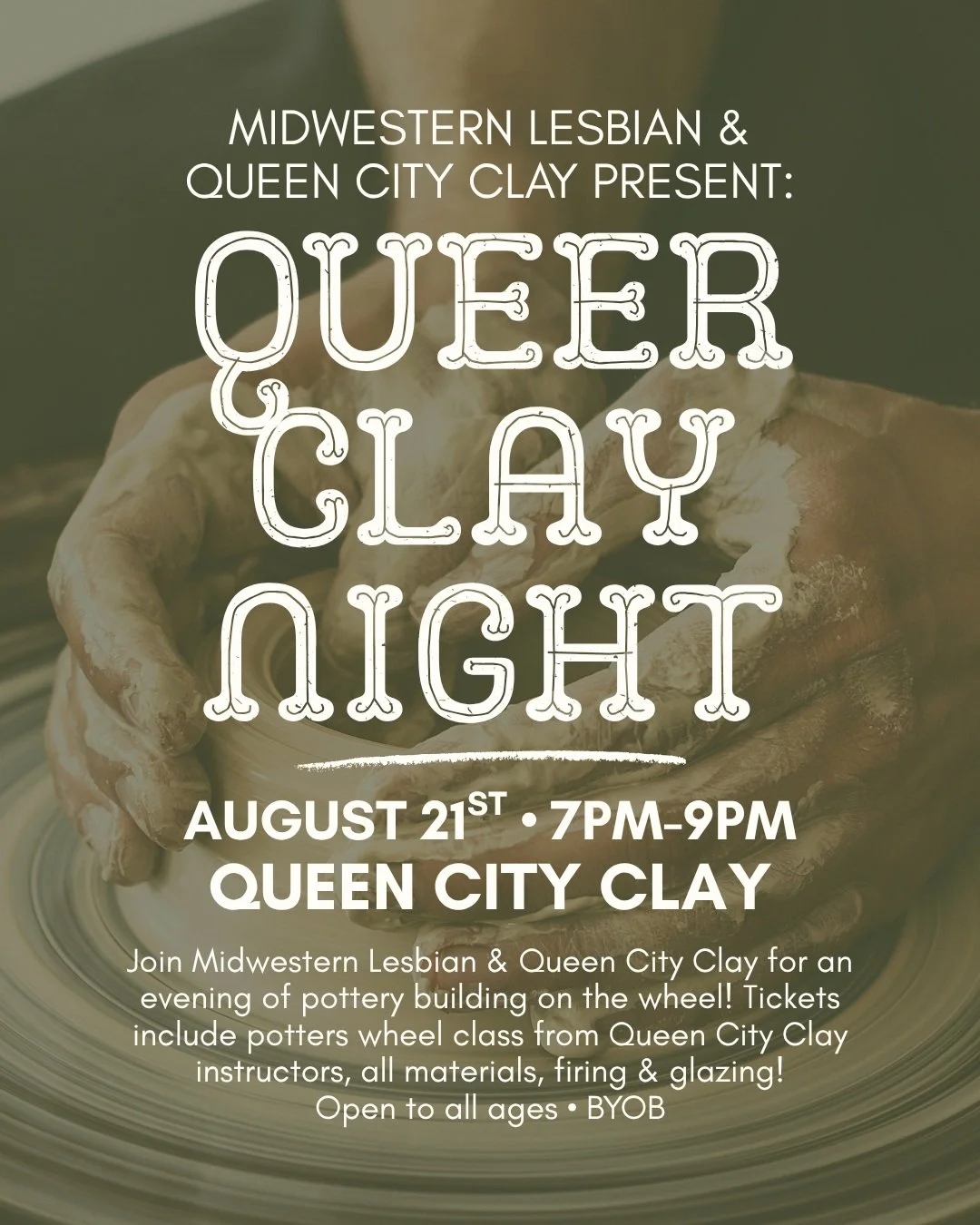 Join Midwestern Lesbian for an evening for pottery building on the wheel at @queencityclay ! Tickets include potters wheel class from Queen City Clay instructors, all materials, firing &amp; glazing! Open to all ages, and BYOB

Comment CLAY to get a 